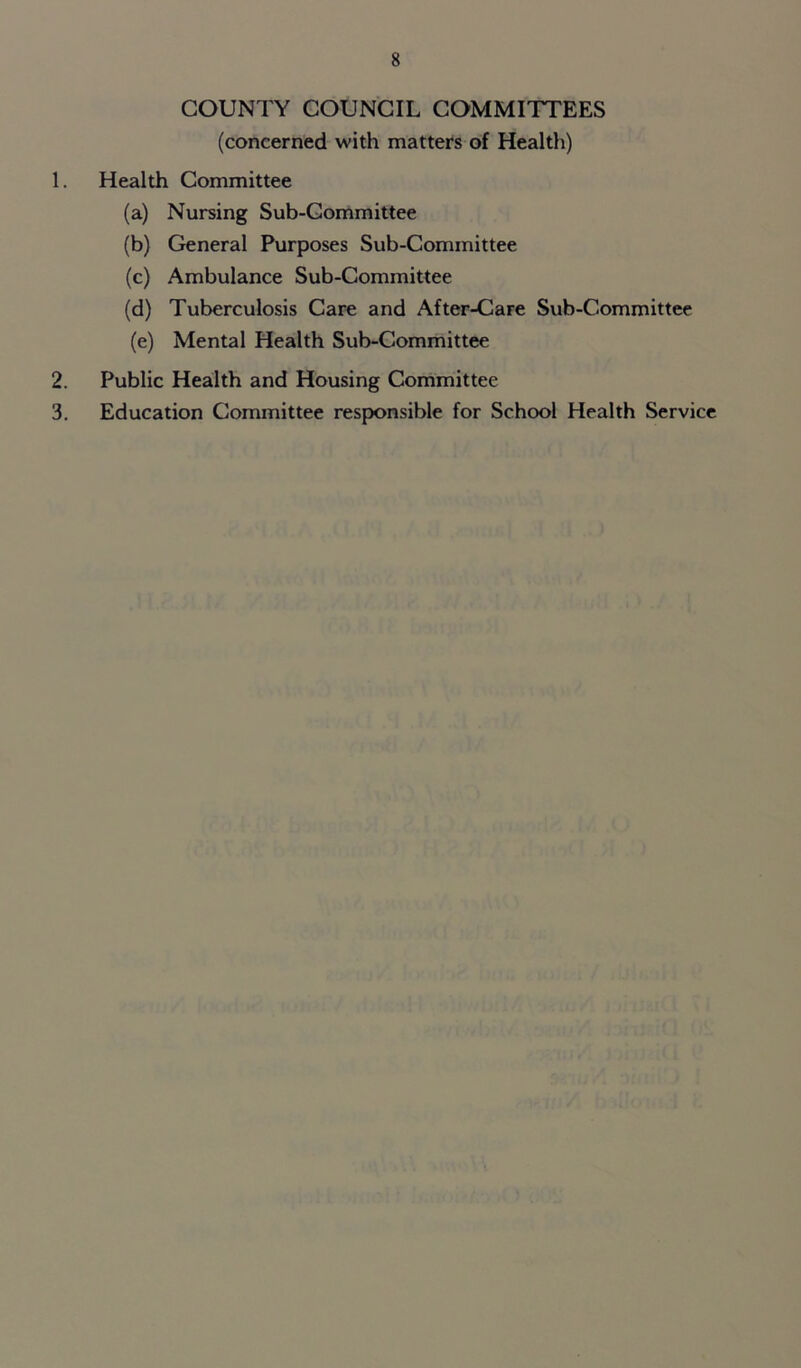 COUNTY COUNCIL COMMITTEES (concerned with matters of Health) 1. Health Committee (a) Nursing Sub-Committee (b) General Purposes Sub-Committee (c) Ambulance Sub-Committee (d) Tuberculosis Care and After-Care Sub-Committee (e) Mental Health Sub-Committee 2. Public Health and Housing Committee 3. Education Committee responsible for School Health Service