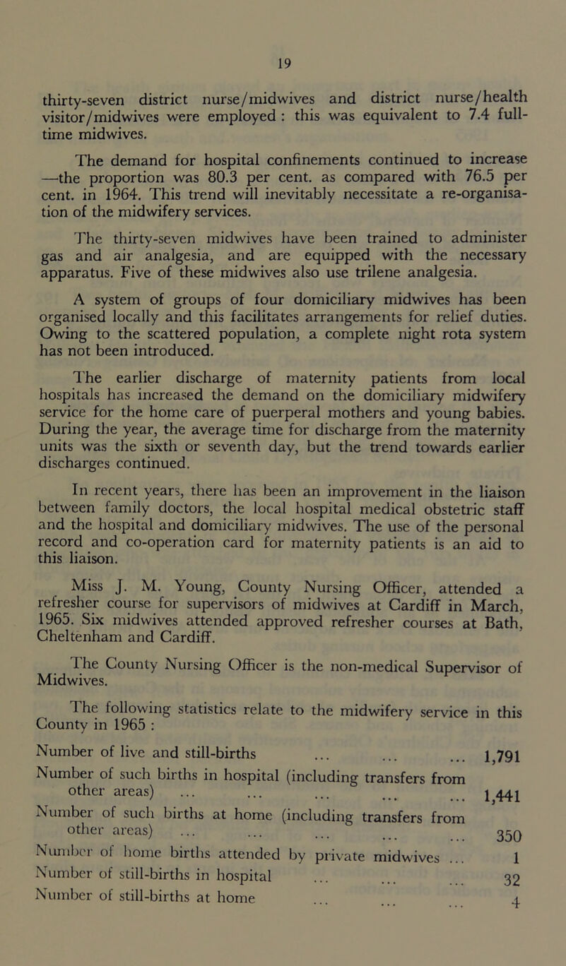 thirty-seven district nurse/midwives and district nurse/health visitor/midwives were employed : this was equivalent to 7.4 full- time midwives. The demand for hospital confinements continued to increase —the proportion was 80.3 per cent, as compared with 76.5 per cent, in 1964. This trend will inevitably necessitate a re-organisa- tion of the midwifery services. The thirty-seven midwives have been trained to administer gas and air analgesia, and are equipped with the necessary apparatus. Five of these midwives also use trilene analgesia. A system of groups of four domiciliary midwives has been organised locally and this facilitates arrangements for relief duties. Owing to the scattered population, a complete night rota system has not been introduced. The earlier discharge of maternity patients from local hospitals has increased the demand on the domiciliary midwifery service for the home care of puerperal mothers and young babies. During the year, the average time for discharge from the maternity units was the sixth or seventh day, but the trend towards earlier discharges continued. In recent years, there has been an improvement in the liaison between family doctors, the local hospital medical obstetric staff and the hospital and domiciliary midwives. The use of the personal record and co-operation card for maternity patients is an aid to this liaison. Miss J. M. Young, County Nursing Officer, attended a refresher course for supervisors of midwives at Cardiff in March, 1965. Six midwives attended approved refresher courses at Bath, Cheltenham and Cardiff. I he County Nursing Officer is the non-medical Supervisor of Midwives. The following statistics relate to the midwifery service in this County in 1965 : Number of live and still-births Number of such births in hospital (including transfers from other areas) Number of such births at home (including transfers from other areas) Number of home births attended by private midwives Number of still-births in hospital Number of still-births at home 1,791 1,441 350 1 32 4