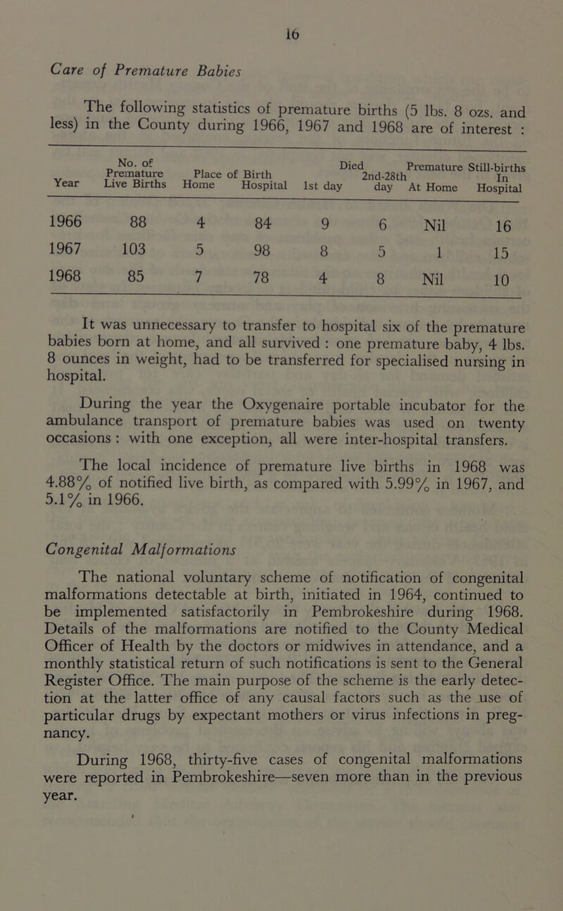 Care of Premature Babies The following statistics of premature births (5 lbs. 8 ozs. and less) in the County during 1966, 1967 and 1968 are of interest : Year No. o? Premature Live Births Place of Birth Home Hospital Died 2nd-28th 1st day day Premature Still-births In At Home Hospital 1966 88 4 84 9 6 Nil 16 1967 103 5 98 8 5 1 15 1968 85 7 78 4 8 Nil 10 It was unnecessary to transfer to hospital six of the premature babies born at home, and all survived : one premature baby, 4 lbs. 8 ounces in weight, had to be transferred for specialised nursing in hospital. During the year the Oxygenaire portable incubator for the ambulance transport of premature babies was used on twenty occasions : with one exception, all were inter-hospital transfers. The local incidence of premature live births in 1968 was 4.88% of notified live birth, as compared with 5.99% in 1967, and 5.1% in 1966. Congenital Malformations The national voluntary scheme of notification of congenital malformations detectable at birth, initiated in 1964, continued to be implemented satisfactorily in Pembrokeshire during 1968. Details of the malformations are notified to the County Medical Officer of Health by the doctors or midwives in attendance, and a monthly statistical return of such notifications is sent to the General Register Office. The main purpose of the scheme is the early detec- tion at the latter office of any causal factors such as the use of particular drugs by expectant mothers or virus infections in preg- nancy. During 1968, thirty-five cases of congenital malformations were reported in Pembrokeshire—seven more than in the previous year.