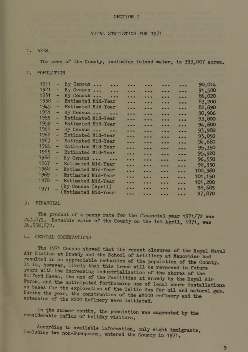 SECTION I VITAL STATISTICS FOR 1971 1. AREA The area of the County, including POPULATION inland water. is 393,007 acres 1911 - By Census • • « • • • • • m • • • 90,014 1921 - By Census • • • • • • • • • • • • 91,580 1931 - By Census • • • • « • • • • • • • 86,020 1938 - Estimated Mid-Year • • • • • • • • • • • w 83,200 1945 - Estimated Mid-Year • • • • • • • • • • • • 82,690 1951 - By Census • • • • • • • • • • • • 90,906 1955 - Estimated Mid-Year • • • • • • • • • • • • 93,800 1959 - Estimated Mid-Year • • • • • • • • • • • • 94,600 1961 - By Census • • • • • • • • • • • • 93,980 1962 - Estimated Mid-Year • • • • • • • • • • • • 93,050 1963 - Estimated Mid-Year • • • • • • • w • • • • 94,660 1964 - Estimated Mid-Year • • • • • • • • • • • • 95,350 1965 - Estimated Mid-Year • • • • • • • • • • • • 95,920 1966 - By Census • • • • • • • • • • • • 96,530 1967 - Estimated Mid-Year • • • WWW • w • • • • 98,330 1968 - Estimated Mid-Year • • • • • • • • • • • • 100,360 1969 - Estimated Mid-Year • • • • • • • • • • • • 101,150 1970 - Estimated Mid-Year • • • • • • • • • • • • 101,200 1971 - (By Census (April) (Estimated Mid-Year • • • • • • • • • • • • « • • • • • • • • • • • 98,685 97,870 3. FINANCIAL The product of a penny rate for the financial year 1971/72 waa £43,879. Rateable value of the County on the 1st April 1971 was £4,558,872. v , was 4. GENERAL OBSERVATIONS A- 971 Census showed that the recent closures of the Royal Naval Air Station at Brawdy and the School of Artillery at Manorbier had resisted in an appreciable reduction of the population of the County. It IS, however, likely that this trend will be reversed in future increasing industrialisation of the shores of the r!!!’ ^he facilities at Brawdy by the Royal Air Force, and the anticipated forthcoming use of local shore installations phases for the exploration of the Celtic Sea for oil and natural gas. ^ing the ^ar, the construction of the AMOCO refinery and the extension of the ESSO Refinery were initiated. the population was augmented by the nsiderable influx of holiday visitors. According to available information, including two non-Europeans, entered the only eight immigrants. County in 1971,
