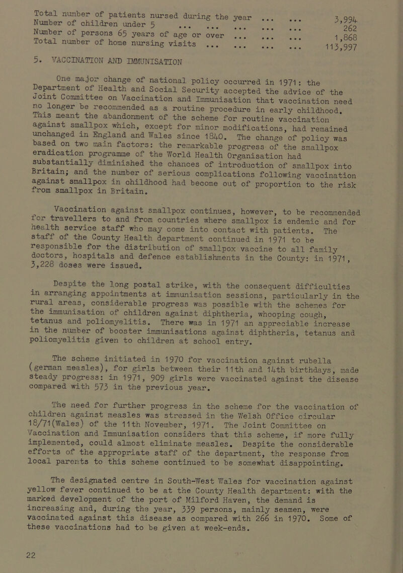 Total number of patients nursed during the year Number of children under 5 ^ **• ••• ••• Number of persons 65 years of age or over Total number of home nursing visits 5. VACCINATION AND BDWNISATION 3,994 262 1,868 113,997 One major change of national policy occurred in 1971: the Department of Health and Social Security accepted the advice of the Joint Committee on Vaccination and Immunisation that vaccination need no longer be recommended as a routine procedure in early childhood. This meant the abandonment of the scheme for routine vaccination aga^st smmpox which, except for minor modifications, had remained ^changed in England and Wales since 1340. The change of policy was based on two main factors: the remarkable progress of the smallpox eradication propamme of the World Health Organisation had substantially diminished the chances of introduction of smallpox into Britain; and the number of serious complications following vaccination against smallpox in childhood had become out of proportion to the risk from smallpox in Britain. ^ Vaccination against smallpox continues, however, to be recommended lor travellers to and from countries where smallpox is endemic and for health service staff who may come into contact with patients. The staff of the County Health department continued in 1971 to be responsible for the distribution of smallpox vaccine to all family doctors, hospitals and defence establishments in the County: in 1971, 3,228 doses were issued. Despite the long postal strike, with the consequent difficulties in arranging appointments at immunisation sessions, particularly in the rural areas, considerable progress was possible with the schemes for the immunisation of children against diphtheria, whooping cough, tetanus and poliomyelitis. There was in 1971 an appreciable increase in -Uie number of booster immunisations against diphtheria, tetanus and poliomyelitis given to children at school entry. The scheme initiated in 1970 for vaccination against rubella (german measles), for girls between their 11th and 14th birthdays, made steady progress: in 1971, 909 girls were vaccinated against the disease compared with 573 in the previous year. The need for further progress in the scheme for the vaccination of children against measles was stressed in the V/elsh Office circular ^®/7'l (Wales) of the 11th November, 1971. The Joint Committee on Vaccination and Immunisation considers that this scheme, if more fully implemented, could almost eliminate measles. Despite the considerable efforts of the appropriate staff of the department, the response from local parents to this scheme continued to be somewhat disappointing. The designated centre in South-West V'ales for vaccination against yellow fever continued to be at the County Health department: with the marked development of the port of Milford Haven, the demand is increasing and, during the year, 339 persons, mainly seamen, were vaccinated against this disease as compared with 266 in 1970. Some of these vaccinations had to be given at week-ends.