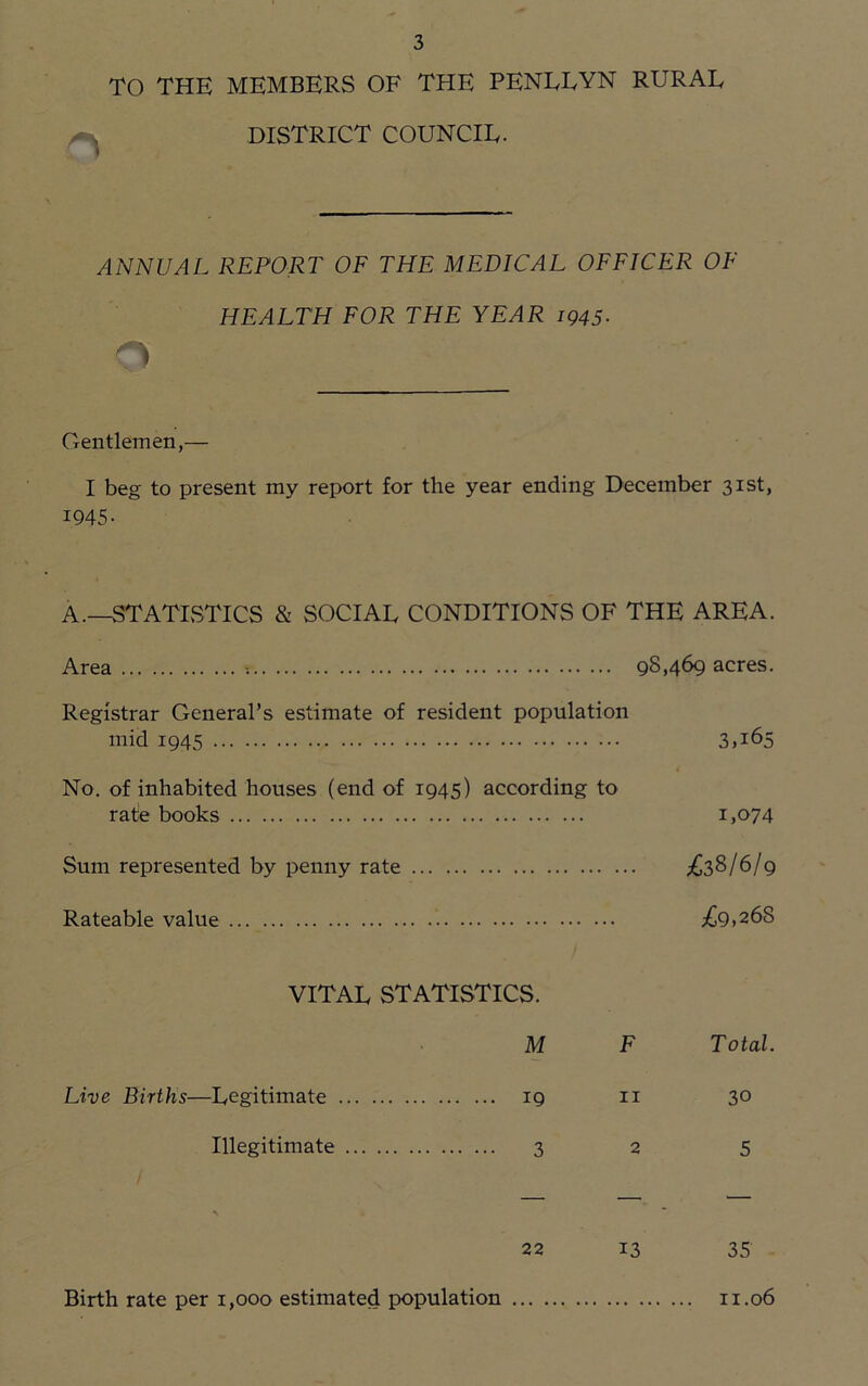 TO THE MEMBERS OF THE PENEEYN RURAL DISTRICT COUNCIL. ANNUAL REPORT OF THE MEDICAL OFFICER OF HEALTH FOR THE YEAR 1945■ O Gentlemen,— I beg to present my report for the year ending December 31st, 1.945- A.—STATISTICS & SOCIAL CONDITIONS OF THE AREA. Area 98,469 acres. Registrar General’s estimate of resident population mid 1945 3,165 No. of inhabited houses (end of 1945) according to rate books 1,074 Sum represented by penny rate ^38/6/9 Rateable value ^9,268 VITAL STATISTICS. M F Total. Live Births—Legitimate 19 11 3° Illegitimate 3 2 5 % * 22 13 35 Birth rate per 1,000 estimated population 11.06