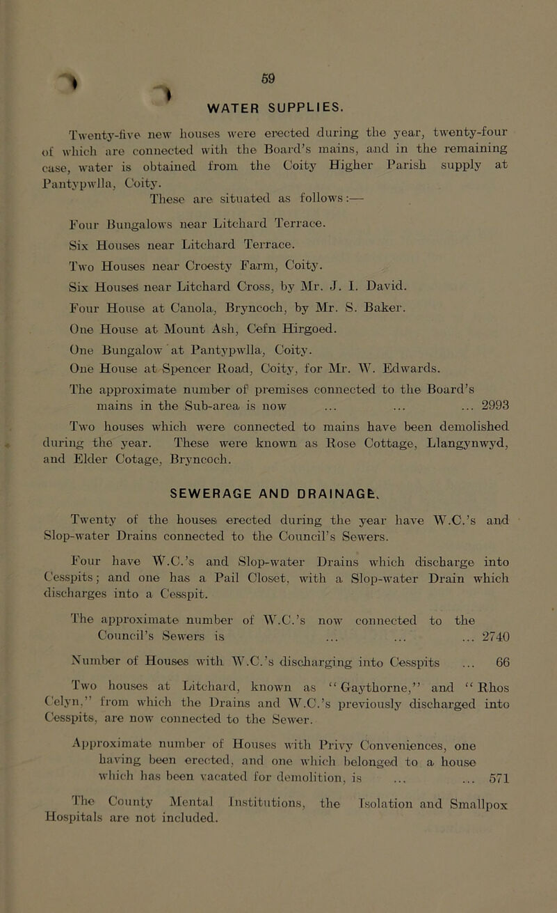 69 WATER SUPPLIES. Twentj’-live new houses were erected during the year, twenty-four of which are connected witli the Board’s mains, and in the remaining case, water is obtained from, the Coity Higher Parish supply at Pantypwlla, Coitj’. These are situated as follows:— Four Bungalows near Litchard Terrace. Six Houses near Litchard Terrace. Two Houses near Croesty Farm, Coity. Six Houses near Litchard Cross, by Mr. J. I. David. Four House at Canola, Bryncoch, by Mr. S. Baker. One House at Mount Ash, Cefn Hirgoed. One Bungalow at Pantypwlla, Coity. One House at Spencer Road, Coity, for Mr. W. Edwards. The approximate number of premises connected to the Board’s mains in the Sub-area is now ... ... ... 2993 Two houses which were connected to mains have been demolished during the year. These were known as Rose Cottage, Llangynwyd, and Elder Cotage, Bryncoch. SEWERAGE AND DRAINAGE. Twenty of the housest erected during the year have W.C.’s and Slop-water Drains connected to the Council’s Sewers. Four have W.C.’s and Slop-water Drains which discharge into Cesspits; and one has a Pail Closet, with a Slop-water Drain which discharges into a Cesspit. The approximate number of W.C.’s now connected to the Council’s Sewers is ... ... ... 2740 Xumber of Houses with W.C.’s discliarging into Ce.sspits ... 66 Two houses at Litchard, known as “ Gaj'^thorne,” and “ Rhos Celyn,” from which the Drains and W.C.’s previously discharged into Cesspits, are now connected to the Sewer. Ajjproximate number of Hoiises with Prrey Conveniences, one having been erected, and one which belonged to a house which has been vacated for demolition, is ... ... 571 I he County Mental Institutions, the Isolation and Smallpox Hospitals are not included.