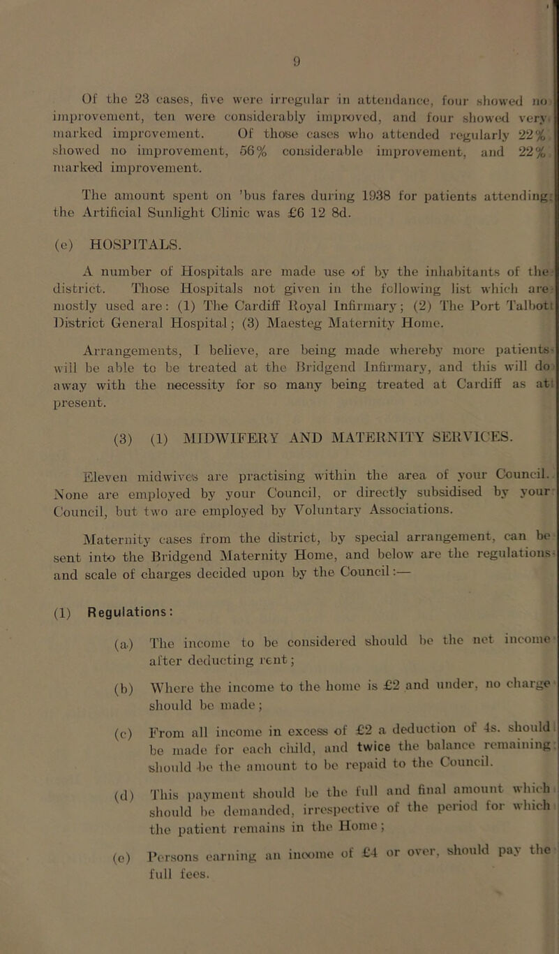 Of the 23 eases, five were irregular in attendance, four showed no improvement, ten were considerably improved, and four showed very marked improvement. Of those cases who attended regularly 22% showed no improvement, 56% considerable improvement, and 22% marked improvement. The amount spent on ’bus fares during 1938 for patients attending: the Artificial Sunlight Clinic was £6 12 8d. (e) HOSPITALS. A number of Hospitals are made use of by the inhabitants of the- district. Those Hospitals not given in the following list which are: mostly used ax-e: (1) The Cardiff Royal Infirmary; (2) The Port Talbott District General Hospital; (3) Maesteg Maternity Home. Arrangements, I believe, are being made whereby more patients - will be able to be treated at the Bridgend infirmary, and this will do away with the necessity for so many being treated at Cardiff as at: present. (3) (1) MIDWIFERY AND MATERNITY SERVICES. Eleven midwives are practising within the area of your Council. None are employed by your Council, or directly subsidised by your Council, but two are employed by Voluntary Associations. Maternity cases from the district, by special arrangement, can be sent into the Bridgend Maternity Home, and below are the regulations- and scale of charges decided upon by the Council:— (1) Regulations: (a) The income to be considered should lie the not income after deducting rent; (b) Where the income to the home is £2 and under, no charge should be made; (c) From all income in excess of £2 a deduction of 4s. should. be made for each child, and twice the balance remaining, should bo the amount to be repaid to the Council. (d) This payment should be the full and final amount which should be demanded, irrespective of the period for which the patient remains in the Home; (o) Persons earning an income of £4 or over, should pay the full fees.