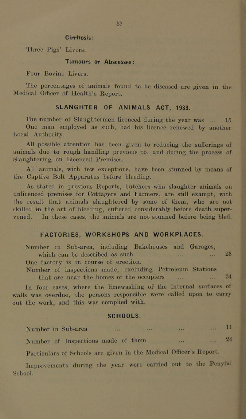 Cirrhosis: Three Pigs’ Livers. Tumours or Abscesses: Four Bovine Livers. The percentages of animals found to be diseased are given in the Medical Officer of Health’s Report. SLANGHTER OF ANIMALS ACT, 1933. The number of Slaughtermen licenced during the year was ... 15 One man employed as such, had his licence renewed by another Local Authority. All possible attention has been given to reducing the sufferings of animals due to rough handling previous to, and during the process of Slaughtering on Licenced Premises. All animals, with few exceptions, have been stunned by means of the Captive Bolt Apparatus before bleeding. As stated in previous Reports, butchers who slaughter animals on unlicenced premises for Cottagers and Farmers, are still exampt, with the result that animals slaughtered by some of them, who are not skilled in the art of bleeding, suffered considerably before death super- vened. In these cases, the animals are not stunned before being bled. FACTORIES,. WORKSHOPS AND WORKPLACES. Number in Sub-area, including Bakehouses and Garages, which can be described as such ... ... 23 One factory is in course of erection. Number of inspections made, excluding Petroleum Stations that are near the homes of the occupiers ... ... 34 In four cases, where the limewashing of the internal surfaces of walls was overdue, the persons responsible were called upon to carry out the work, and this was complied with. SCHOOLS. Number in Sub-area ... ••• ••• ••• Number of Inspections made of them ... ... 24 Particulars of Schools are given in the Medical Officer’s Report. Improvements during the year were carried out to the Penyfai School.