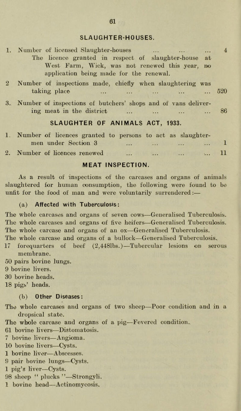 SLAUGHTER-HOUSES. 1. Number of licoiisecl Slaughter-houses ... ... ... 4 The licence granted in respect of slaughter-house at West Fann, Wick, was not renewed this year, no application being made for the renewal. 2 Number of inspections made, chiefly when slaughtering was taking place ... ... ... ... ... 520 3.. Number of inspections of butchers’ shops and of vans deliver- ing meat in the district ... ... ... ... 86 SLAUGHTER OF ANIMALS ACT, 1933. 1. Number of licences granted to persons to act as slaughter- men under Section 3 ... ... ... ... 1 2. Number of licences renewed ... ... ... ... 11 MEAT INSPECTION. As a result of inspections of the carcases and organs of animals slaughtered for human consumption, the following were found to be unfit for the food of man and were voluntarily surrendered:— (a) Affected with Tuberculosis: The whole carcases and organs of seven cows—Generalised Tuberculosis. The whole carcases and organs of five heifers—Generalised Tuberculosis. The whole carcase and organs of an ox—Generalised Tuberculosis. The whole carcase and organs of a bullock—Generalised Tuberculosis., 17 forequarters of beef (2,4481hs.)—Tubercular lesions on serous membrane. 50 pail's bovine lungs. 9 bovine livers. 30 bovine heads. 18 pigs’ heads. (b) Other Diseases: The whole carcases and organs of two sheep—Poor condition and in a dropsical state. The whole carcase and organs of a pig—Fevered condition. 61 bovine livers—Distomatosis. 7 bovine livers—Angioma. 10 bovine livers—Cysts. 1 bovine liver—Abscesses. 9 pair bovine lungs—^Cysts. 1 pig’s liver—Cysts. 98 sheep “ plucks”—Strongyli. 1 bovine head—Actinomycosis.