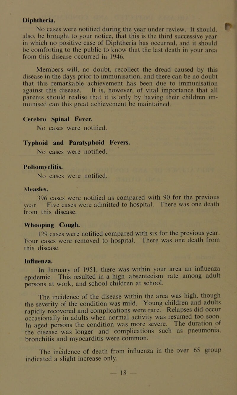 Diphtheria. No cases were notified during the year under review. It should, also, he brought to your notice, that this is the third successive year in which no positive case of Diphtheria has occurred, and it should he comforting to the public to know that the last death in your area from this disease occurred in 1946. Members will, no doubt, recollect the dread caused by this disease in the days prior to immunisation, and there can be no doubt that this remarkable achievement has been due to immunisation against this disease. It is, however, of vital importance that all parents should realise that it is only by having their children im- munised can this great achievement be maintained. Cerebro Spinal Fever. No cases were notified. Typhoid and Paratyphoid Fevers. No cases were notified. Poliomyelitis. No cases were notified. Measles. 396 cases were notified as compared with 90 for the previous year. Five cases were admitted to hospital. There was one death from this disease. Whooping Cough. 129 cases were notified compared with six for the previous year. Four cases were removed to hospital. There was one death from this disease. Influenza. In January of 1951, there was within your area an influenza epidemic. This resulted in a high absenteeism rate among adult persons at work, and school children at school. The incidence of the disease within the area was high, though the severity of the condition was mild. Young children and adults rapidly recovered and complications were rare. Relapses did occur occasionally in adults when normal activity was resumed too soon. In aged persons the condition was more severe. The duration of the disease was longer and complications such as pneumonia, bronchitis and myocarditis were common. The incidence of death from influenza in the over 65 group indicated a slight increase only.