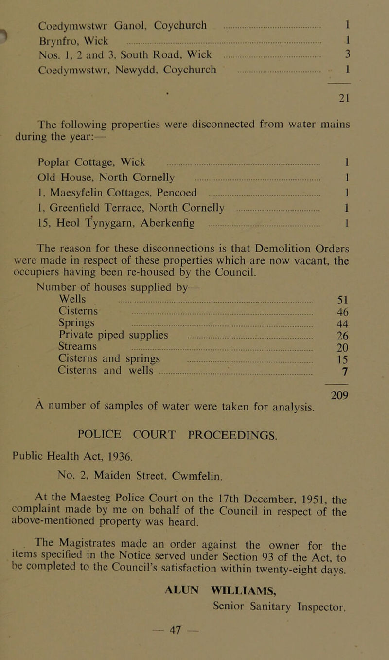 Coedymwstwr Ganol, Coychurch 1 Brynfro, Wick 1 Nos. 1, 2 and 3. South Road, Wick 3 Coedymwstwr, Newydd. Coychurch 1 21 The following properties were disconnected from water mains during the year:— Poplar Cottage. Wick 1 Old House, North Cornelly 1 I, Maesyfelin Cottages, Pencoed 1 1, Greenfield Terrace, North Cornelly „ 1 15, Heol Tynygarn, A berk en tig 1 The reason for these disconnections is that Demolition Orders were made in respect of these properties which are now vacant, the occupiers having been re-housed by the Council. Number of houses supplied by— Wells 51 Cisterns 46 Springs 44 Private piped supplies 26 Streams 20 Cisterns and springs 15 Cisterns and wells 7 209 A number of samples of water were taken for analysis. POLICE COURT PROCEEDINGS. Public Health Act, 1936. No. 2, Maiden Street. Cwmfelin. At the Maesteg Police Court on the 17th December, 1951, the complaint made by me on behalf of the Council in respect of the above-mentioned property was heard. The Magistrates made an order against the owner for the items specified in the Notice served under Section 93 of the Act. to be completed to the Council’s satisfaction within twenty-eight days. ALUN WILLIAMS, Senior Sanitary Inspector. — 4T -