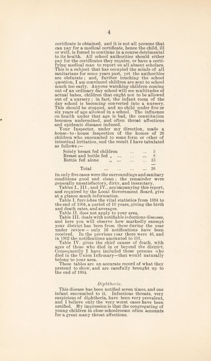 certificate is obtained, and it is not all persons that can pay for a medical certificate, hence the child, ill or well, is forced to continue in a course detrimental to its health. All school authorities should either pay for the certificates they require, or have a certi- fying- medical man to report on all absent scholars. This is a subject that has occupied the minds of all sanitarians for some years past, yet the authorities are obdurate; and, further touching- the school question, I am convinced children are sent to school much too early. Anyone watching- children coming out of an ordinary day school will see multitudes of actual babes, children that oug-ht not to be allowed out of a nursery ; in fact, the infant room of the day school is becoming- converted into a nursery. This should be stopped, and no child under five or six years of ag-e allowed in a school. The influence on health under that ag-e is bad, the constitution becomes undermined, and often throat affections and epidemic diseases induced. Your Inspector, under my direction, made a house-to-house inspection of the homes of 26 children who succumbed to some form or other of intestinal irritation, and the result I have tabulated as follows:— Solely breast fed children 5 Breast and bottle fed „ 8 Bottle fed alone 13 Total 26 In only five cases were the surrounding’s and sanitary conditions g-ood and clean ; the remainder were generally unsatisfactory, dirty, and insanitary. Tables I., III., and IY., accompanying-this report, and required by the Local Government Board, give at a giance much information. Table I. furnishes the vital statistics from 1894 to the end of 1904, a period of 10 years, giving- the birth and death rates, and averag-es. Table II. does not apply to your area. Table III. deals with notifiable infectious diseases, and here you will observe how markedly exempt your district has been from these during- the year under review — only 16 notifications have been received. In the previous year there were 46, and in 1902 the notifications amounted to 101. Table IY. gives the chief causes of death, with ag-es of those who died in or beyond the distriet. Consequently I have included those persons \vho died in the Union Infirmary—that would naturally belong- to your area. These tables are an accurate record of what they pretend to show, and are carefully brought up to the end of 1904. Diphtheria. This disease has been notified seven times, and one infant succumbed to it. Infectious throats, very suspicious of diphtheria, have been very prevalent, and I believe only the very worst cases have been notified. My impression is that the congregating of young children in close schoolrooms often accounts for a great many throat affections.