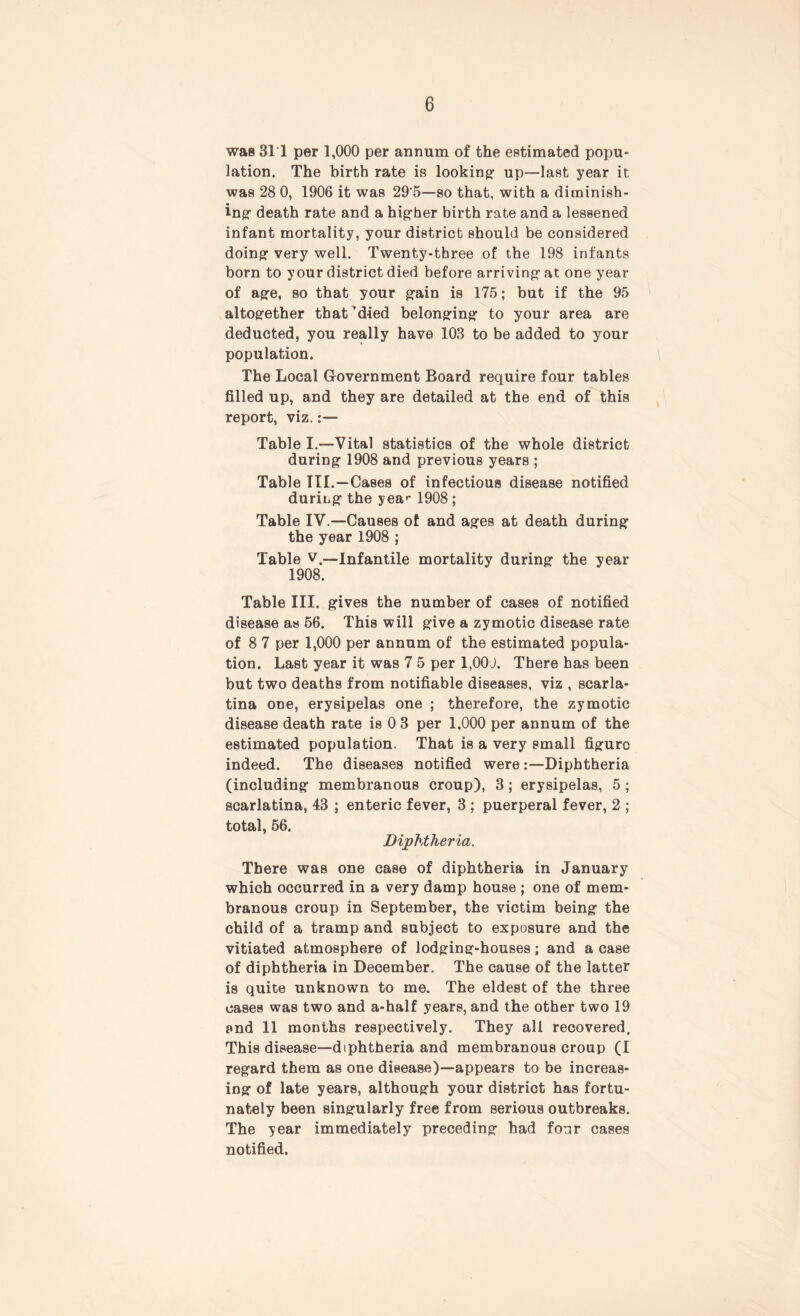 was 311 per 1,000 per annum of the estimated popu- lation. The birth rate is looking up—last year it was 28 0, 1906 it was 29’5—so that, with a diminish- ing death rate and a higher birth rate and a lessened infant mortality, your district should be considered doing1 very well. Twenty-three of the 198 infants born to your district died before arriving: at one year of age, so that your grain is 175; but if the 95 altogether that 'died belonging to your area are deducted, you really have 103 to be added to your population. The Local Government Board require four tables filled up, and they are detailed at the end of this report, viz.:— Table I.—Vital statistics of the whole district during 1908 and previous years ; Table III.—Cases of infectious disease notified during the yea-- 1908 ; Table IV.—Causes of and ages at death during the year 1908 ; Table v.—infantile mortality during the year 1908. Table III. gives the number of cases of notified disease as 56. This will give a zymotic disease rate of 8 7 per 1,000 per annum of the estimated popula- tion. Last year it was 7 5 per 1,00J. There has been but two deaths from notifiable diseases, viz , scarla- tina one, erysipelas one ; therefore, the zymotic disease death rate is 0 3 per 1,000 per annum of the estimated population. That is a very small figure indeed. The diseases notified wereDiphtheria (including membranous croup), 3; erysipelas, 5 ; scarlatina, 43 ; enteric fever, 3 ; puerperal fever, 2 ; total, 56. Diphtheria. There was one case of diphtheria in January which occurred in a very damp house ; one of mem- branous croup in September, the victim being the child of a tramp and subject to exposure and the vitiated atmosphere of lodging-houses; and a case of diphtheria in December. The cause of the latter is quite unknown to me. The eldest of the three oases was two and a-half years, and the other two 19 and 11 months respectively. They all recovered. This disease—diphtheria and membranous croup (I regard them as one disease)—appears to be increas- ing of late years, although your district has fortu- nately been singularly free from serious outbreaks. The year immediately preceding had four cases notified.