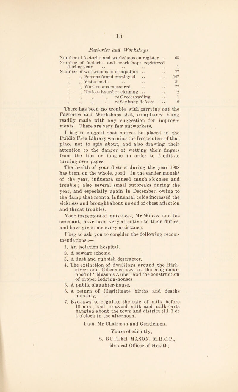 Factories and Workshops. Number of factories and workshops on register .. 68 Number of factories and workshops registered durin g year 1 Number of workrooms in occupation .. 77 55 „ Persons found employed 197 55 „ Visits made 81 55 „ Workrooms measured 77 55 „ Notiees issued re cleaning .. 2 55 „ „ „ re Overcrowding 1 55 „ „ „ re Sanitary defects 9 There has been no trouble with carrying out the Factories and Workshops Act, compliance being readily made with any suggestion for improve- ments. There are very few outworkers. I beg- to suggest that notices be placed in the Public Free Library warning the frequenters of that place not to spit about, and also drawing their attention to the danger of wetting their fingers from the lips or tong’ue in order to facilitate turning over pages. The health of your district during the year 1908 has been, on the whole, good. In the earlier months of the year, influenza caused much sickness and trouble ; also several small outbreaks during the year, and especially again in December, owing to the damp that month, influenzal colds increased the sickness and brought about no end of chest affection and throat troubles. Your inspectors of nuisances, Mr Wilcox and hie assistant, have been very attentive to their duties, and have given me every assistance. I beg to ask you to consider the following recom- mendations :— 1. An isolation hospital. 2. A sewage scheme. 3. A dust and rubbish, destructor. 4. The extinction of dwellings around the High- street and Gibson-square in the neighbour- hood of “ Mason’s Arms,” and the construction of proper lodging-houses. 5. A public slaughter-house. 6. A return of illegitimate births and deaths monthly. 7. Bye-laws to regulate the sale of milk before 10 a m., and to avoid milk and milk-carts hanging about the town and district till 3 or 4 o’clock in the afternoon. I am. Mr Chairman and Gentlemen, Yours obediently, S. BUTLER MASON, M.R.C.P., Medical Officer of Health,