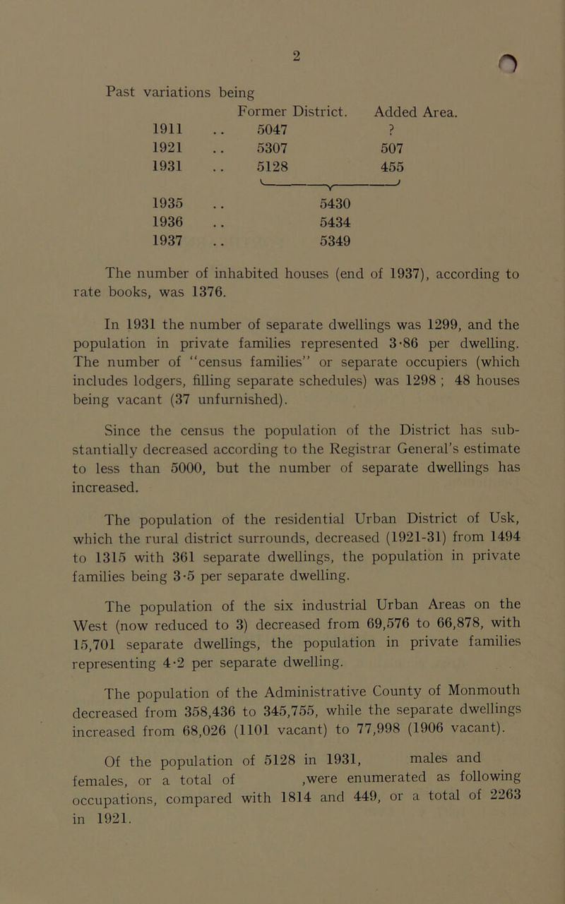 o Past variations being Former District. Added Area. 1911 5047 p 1921 5307 507 1931 5128 455 V. Y J 1935 . . 5430 1936 • . 5434 1937 5349 The number of inhabited houses (end of 1937), according to rate books, was 1376. In 1931 the number of separate dwellings was 1299, and the population in private families represented 3-86 per dwelling. The number of “census families’’ or separate occupiers (which includes lodgers, filling separate schedules) was 1298 ; 48 houses being vacant (37 unfurnished). Since the census the population of the District has sub- stantially decreased according to the Registrar General’s estimate to less than 5000, but the number of separate dwellings has increased. The population of the residential Urban District of Usk, which the rural district surrounds, decreased (1921-31) from 1494 to 1315 with 361 separate dwellings, the population in private families being 3-5 per separate dwelling. The population of the six industrial Urban Areas on the West (now reduced to 3) decreased from 69,576 to 66,878, with 15,701 separate dwellings, the population in private families representing 4-2 per separate dwelling. The population of the Administrative County of Monmouth decreased from 358,436 to 345,755, while the separate dwellings increased from 68,026 (1101 vacant) to 77,998 (1906 vacant). Of the population of 5128 in 1931, males and females, or a total of .were enumerated as following occupations, compared with 1814 and 449, or a total of 2263 in 1921.