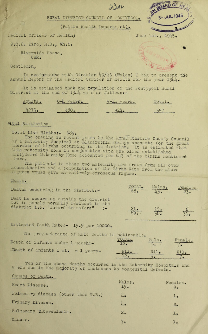% RURAL DISTRICT COUNCIL OF rONTYPOOL. (Pub II c Health Departm • nt Radical Officer of Health; June 1st., I9k5* JYC.Ho Bird, M.B., Ch.B, RIve r si de Ho as e, Usk, Gontlemon. 4/ ■W In conformance with Circular k9/k5 (Wales) I beg to present the Annual Report of the Radical Officer of Health for the year 19iyly« It is estimated that the population of the iontypool Rural District at the end. of 19Vf wa s as followss- Adults, Q-jj yearn, 380. 5~lii years. 924. Total, J551 Vital Statistics Total Live Births?- 689, 0 opening in^ recent years by the Monmo athsiiire County Council u a maternity Hospital at Llanfrechfa Grange accounts for the great increase of.births occurring in the district. It is estimated that .ms maternity home in conjunction with the older established '■pntyderrt Maternity Home accounted for 61±p of the births mentioned 00 vc» The patients in these two maternity are drawn from all over y0hniouthshire and a computation of the Birth Rate from the above figures would give an entirely erroneous figure* 0 c». U ii < Deaths occurring in rhe district peat hs occurr_ng outside the district 77'^ Tc0:?1° normally resident in the district i.c. ninward transfers” 2 - TOTAL. 21. Males• TdS • 18. Female; 23. 31' Estimated Death Rates- 15,9 per 10000. The preponderance of male deaths is Death of infants under 1 months- Death of infants 1 mt. — 1 year;— noticeable, TOTAL, Male • T^ TT* Nil. Nil, 12*. 5. Female. 7* Nil, 7* w Ten of the above deaths ere due in the majority of occurred in the Maternity Hospitals instances to congenital defects. anc. Causes of Deaths Heart Disease, Pulmonary disease (other than T.3.) Urinary Dilease. Pulmonary .Tuberculosis. Cancer. Males• 19* k. 2, 7* Females• 9- 1. 2. 1. 1.
