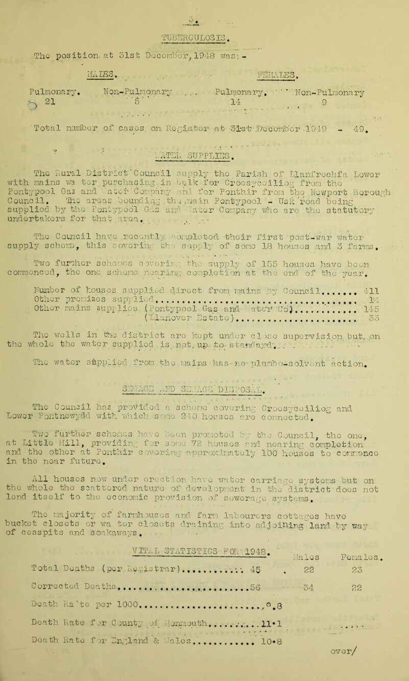 TUBERCULOSIS The position at 31st Dobombo'r, 194B was's - MATES. _ , , . . ■ • FEMALES. Pulmonary. Non-Pulmonary . . , . Pulmonary. : ' * '.Non-Pulmonary 21 ' 'o 14 9 Total number of eases on PiOgiatar -at Ul-sb jDbeember 1949 - 49. -ATEA SUPPLIES. The Rural 'District' Council supply tho Parish of Llanfroehfa Lower with mains wa tor purchasing in bulk for Croosycoiliog from tho Pontypool Gas and. atcr Company and for Ponthxr from tho Newport Borough Council. Tho areas bounding .the .main Pontypool - Us'k 'road being supplied by tho Pontypool Gas and inter Company who arc tho statutory undertakers for that area, _ , Tho Council have recently completed- thoir first post-war wator supply scheme, this covering tho supply of somo 18 houses and 3 farms. Two further schemes' covering tho supply of 155 houses have been commenced, tho one scheme nearing, completion - at the end of tho year. Number of houses supplied direct from, mains, .by Council....... 411 Other promises supplied. !4 Other mains supplies (Pontypool Gas and ' 'ate’r :Cd).... . . . 145 ('Llanovor Estato ) 33 Tho wells in tho district arc kept under close supervision but, ,on tho whole tho water supplied is. not., up. to- standard;,. A'. . The water supplied from the,mains has-no* plumbo-solvent action. SEUAGE AND SETAGEDISPOSAL Tho Council h.a£ provided a schono” covering Croosycoiliog and Lower Pontnowydd with which smo 240.houses are connected. .Two further schemes have boon promoted by the Council, tho one, at Little Mill, providing for somo 72 houses and nearing completion and tho other at Ponthir covering approximately' l'OO houses to comnonco in the noar future. All houses now under erection have writer carriage systems but on tho whole tho scattered, nature of development in the district does not lend itself to she economic provision of sewerage systems. The majority of farmhouses and farm labourers cottages have bucket closets or wa ter closets draining into adjoiR.lng land by way of cesspits and s oakaways, VITAL STATISTICS FOR- 1948. Males Female Total Deaths (per Registrar)............ 45 22 23 Corrected Deaths 34 22 Death Ra'te per 1000........... .°.3 Death Rate f or County of Monpou.th. . . . . . ... . . 11-1 Death Rate for England & '.Tales'.' 10*8
