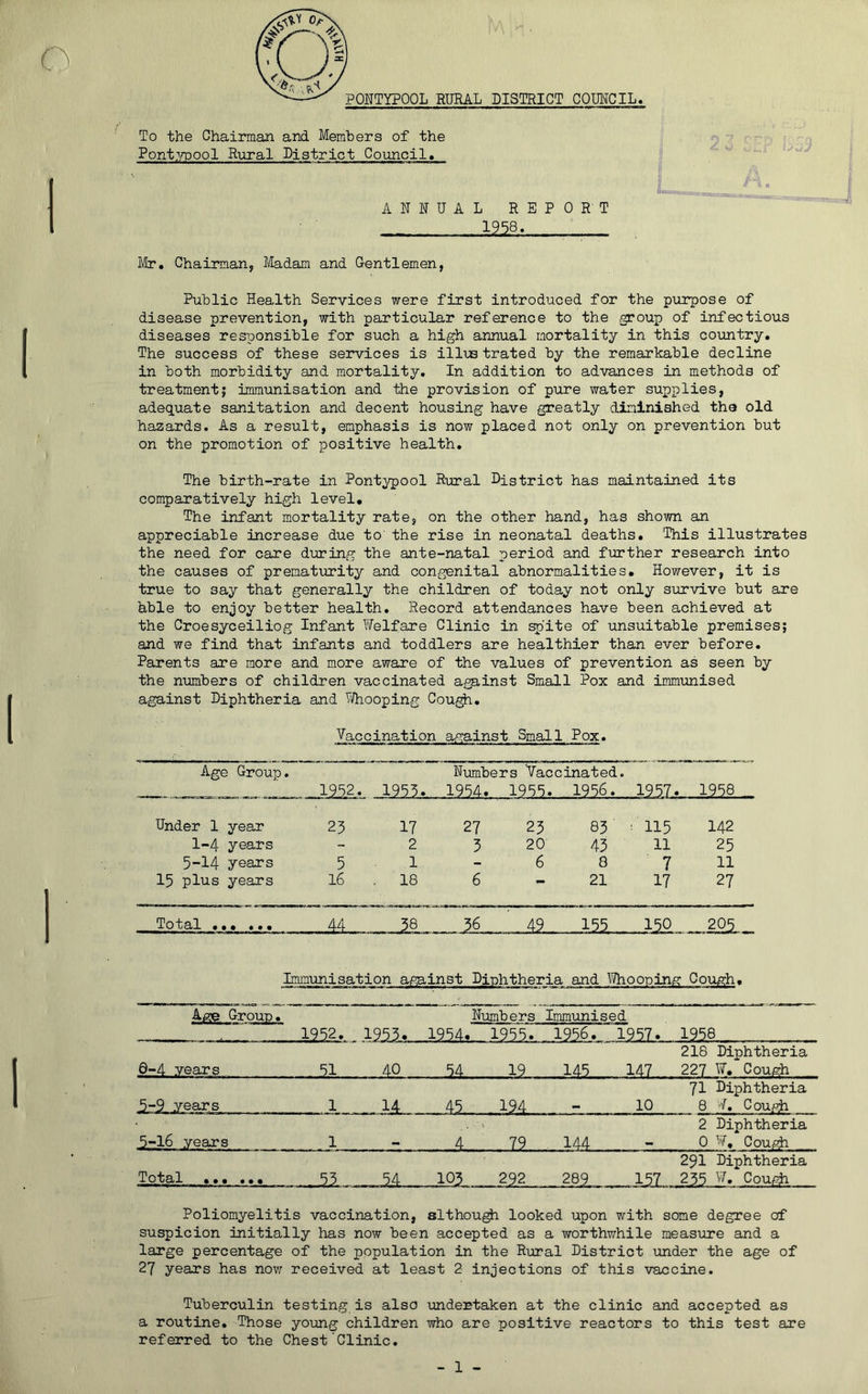 To the Chairman and Members of the Pontypool Rural District Council. ANNUAL REPORT 1258s _ Mr. Chairman, Madam and Gentlemen, Public Health Services were first introduced for the purpose of disease prevention, with particular reference to the group of infectious diseases responsible for such a high annual mortality in this country. The success of these services is illus trated by the remarkable decline in both morbidity and mortality. In addition to advances in methods of treatment; immunisation and the provision of pure water supplies, adequate sanitation and decent housing have greatly diminished the old hazards. As a result, emphasis is now placed not only on prevention but on the promotion of positive health. The birth-rate in Pontypool Rural District has maintained its comparatively high level. The infant mortality rate, on the other hand, has shown an appreciable increase due to the rise in neonatal deaths. This illustrates the need for care during the ante-natal period and further research into the causes of prematurity and congenital abnormalities. However, it is true to say that generally the children of today not only survive but are hble to enjoy better health. Record attendances have been achieved at the Croesyceiliog Infant Welfare Clinic in spite of unsuitable premises; and we find that infants and toddlers are healthier than ever before. Parents are more and more aware of the values of prevention as seen by the numbers of children vaccinated against Small Pox and immunised against Diphtheria and Whooping Cough. Vaccination against. Small Pox. Age Group. 1952. 1953. Numbers Vaccinated. 1.954* 1955. 1956... 1957* 1958 Under 1 year 23 17 27 23 83 : 115 142 1-4 years - 2 3 20 43 11 25 5-14 years 5 1 - 6 8 7 11 15 plus years 16 18 6 «• 21 17 27 T 0 t al • • • • • • _UL_ 49 —155—. 150 205 Immunisation against Diphtheria and Whooping Gough, Age Group. Numbers Immunised 1952. 1953. 1954. 1955. 1956. 1957* 1958 . 0-4 years .51 40 54 19 .145 147 218 Diphtheria 227 W. Cough 5-9 years 1 14 45 .. . 194 10 71 Diphtheria 8 V. Cough 5-16 years 1 4 79 144 2 Diphtheria 0 W. Cough Total ••• ••• 51— -.14.,. 292 289 15JL 291 Diphtheria 235 W. Cough Poliomyelitis vaccination, although looked upon with some degree of suspicion initially has now been accepted as a worthwhile measure and a large percentage of the population in the Rural District under the age of 27 yeans has now received at least 2 injections of this vaccine. Tuberculin testing is also undertaken at the clinic and accepted as a routine. Those young children who are positive reactors to this test are referred to the Chest Clinic.