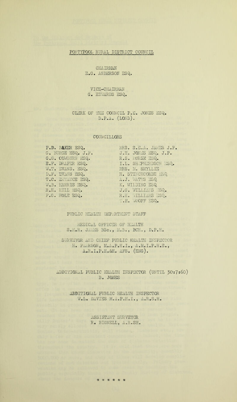 CHAIRMAN E.G. ANDERSON ESQ. VICE-CHAIRMAN G. EDUARDS ESQ. CLERK OP THE COUNCIL P.E. JONES ESQ. D.P.A. (LOND). COUNCILLORS P.D. BAKER ESQ. MRS. S.E.A. JAMES J.P G. BURGE ESQ. J.P. J.H. JONES ESQ. J.P. G.G. COVBURN ESQ. R.S. MORSE ESQ. E.F. DRAPER ESQ. I.L. SHEPHERDSON ESQ. W.T. EVANS. ESQ. MRS. M. SMYLLIE D.P. EVANS ESQ. H. STINCHCOMBE ESQ T.C. EXTANCE ESQ. A.J. WATTS ESQ »/. B • HARRIS ESQ. K. WILDING ESQ R.H. HILL ESQ. J.G. WILLIAMS ESQ. F.G. HOLE ESQ. R.II. WILLIAMS ESQ. T.H. NOOFF ESQ. PUBLIC HEALTH DEPARTMENT STAFF MEDICAL OFFICER OF HEALTH S.M.R. JAMES BSc., M.B., BCH., D.P.H. SURVEYOR AND CHIEF PUBLIC HEALTH INSPECTOR H. PEARSON5 M.A.P.H.I., A.M.I.P.H.E., A.R.I.P.H.&H. AFS. (ENG). ADDITIONAL PUBLIC HEALTH INSPECTOR (UNTIL 30:7:60) B. JONES ADDITIONAL PUBLIC HEALTH INSPECTOR W.L. DAVIES M.A.P.H.I., A.R.S.H. ASSISTANT SURVEYOR R. BIGNELL, A.R.SH. ******
