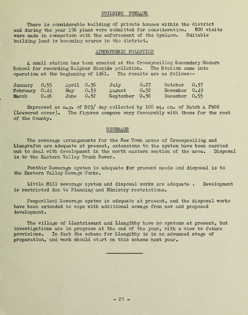 BUILDING BYELAUS There is considerable building of private houses within the district and during the year 196 plans were submitted for consideration. 800 visits were made in connection with the enforcement of the byelaws. Suitable building land is becoming scarce in the district. ATMOSPHERIC POLLUTION A small station has been erected at the Croesyceiliog Secondary Modem School for recording Sulphur Dioxide pollution. The Station came into operation at the beginning of 1961. The results are as follows January 0.55 February 0.44 March 0.46 April 0.36 May 0.39 June O.32 July 0.27 August 0.32 September O.36 October 0.37 November 0.49 December 0.55 Expressed as m.g. of SO3/ day collected by 100 sq. cm. of Batch A Pb02 (Louvered cover). The figures compare very favourably with those for the rest of the County. S E'.IERAGE The sewerage arrangements for the New Town areas of Croesyceiliog and Llanyrafon are adequate at present, extensions to the system have been carried out to deal with development in the north eastern section of the area. Disposal is to the Eastern Yalley Trunk Sewer. Ponthir Sewerage system is adequate for present needs and disposal is to the Eastern Valley Sewage Works. Little Mill sewerage system and disposal works are adequate . Development is restricted due to Planning and Ministry restrictions. Penperlleni Sewerage system is adequate at present, and the disposal works have been extended to cope with additional sewage from new and proposed development. The village of Llantrissant and Llangibby have no systems at present, but investigations are in progress at the end of the year, with a view to future provisions. In fact the scheme for Llangibby is in an advanced stage of preparation, and work should start on this scheme next year. - 21