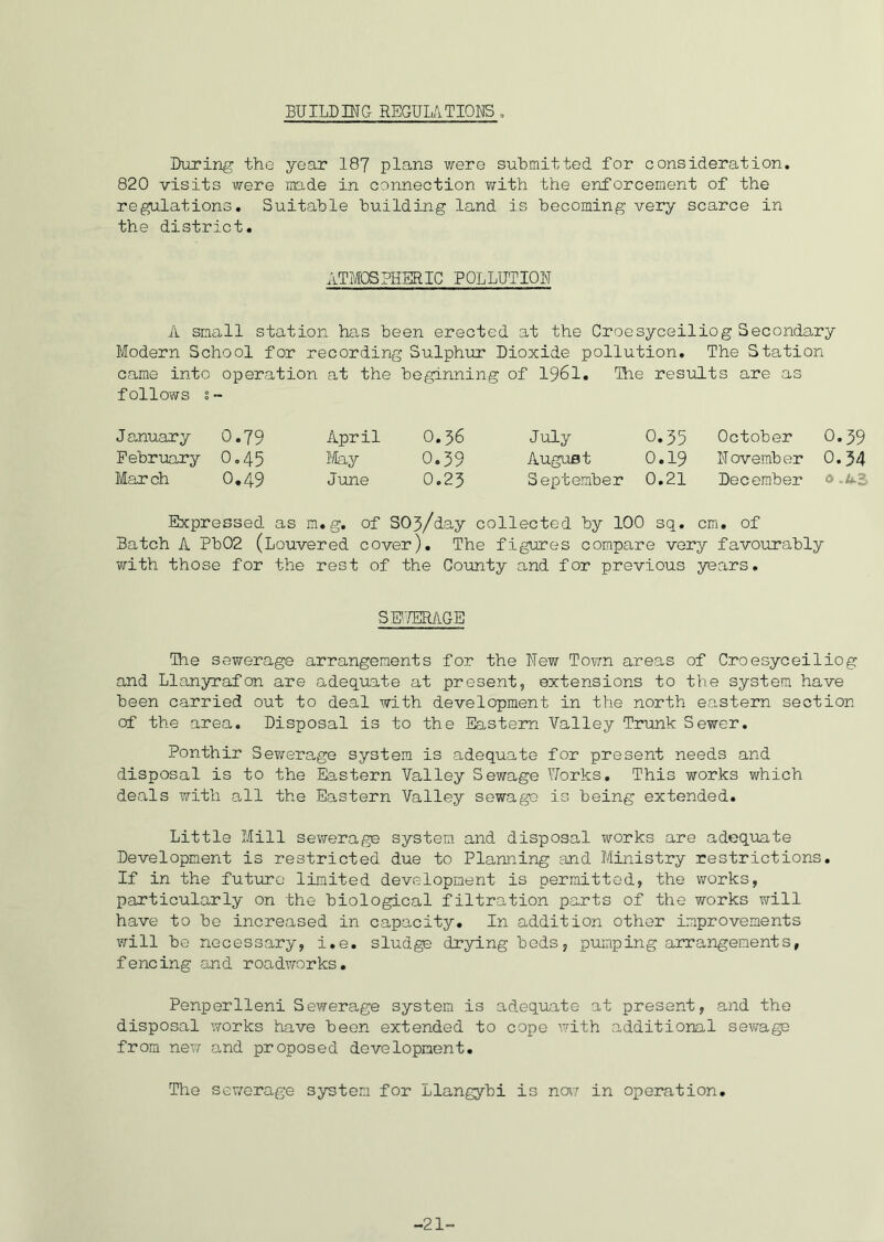 BUILDING REGULATIONS. During the year 187 plans were submitted for consideration. 820 visits were made in connection with the enforcement of the regulations. Suitable building land is becoming very scarce in the district. ATMOSPHERIC POLLUTION A small station has been erected at the Croesyceiliog Secondary Modern School for recording Sulphur Dioxide pollution. The Station came into operation at the beginning of 1961. The results are as follows s- J anuary 0.79 April O.36 July 0.35 October O.39 February O.45 May 0.39 August 0.19 November 0.34 March 0.49 June 0.23 September 0.21 December 0 Expressed as m. g. of SOj/day collected by 100 sq. cm. of Batch A Pb02 (Louvered cover). The figures compare very favourably with those for the rest of the County and for previous years. S El /ERAGE The sewerage arrangements for the New Town areas of Croesyceiliog and Llanyrafon are adequate at present, extensions to the system have been carried out to deal with development in the north eastern section of the area. Disposal is to the Eastern Valley Trunk Sewer. Ponthir Sewerage system is adequate for present needs and disposal is to the Eastern Valley Sewage Works, This works which deals with all the Eastern Valley sewage is being extended. Little Mill sewerage system and disposal works are adequate Development is restricted due to Planning and Ministry restrictions. If in the future limited development is permitted, the works, particularly on the biological filtration parts of the works will have to be increased in capacity. In addition other improvements will be necessary, i.e. sludge drying bods, pumping arrangements, fencing and roadworks. Penperlleni Sewerage system is adequate at present, and the disposal works have been extended to cope with additional sewage from new and proposed development. The sewerage system for Llangybi is now in operation. -21-