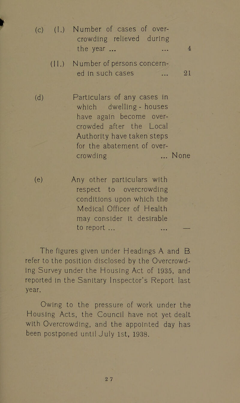 (c) (I.) Number of cases of over- crowding relieved during the year ... ... 4 (II.) Number of persons concern- ed in such cases ... 21 (d) Particulars of any cases in which dwelling-houses have again become over- crowded after the Local Authority have taken steps for the abatement of over- crowding ... None (e) Any other particulars with respect to overcrowding conditions upon which the Medical Officer of Health may consider it desirable to report ... ... — The figures given under Headings A and B refer to the position disclosed by the Overcrowd- ing Survey under the Housing Act of 1935, and reported in the Sanitary Inspector’s Report last year. Owing to the pressure of work under the Housing Acts, the Council have not yet dealt with Overcrowding, and the appointed day has been postponed until July 1st, 1938.