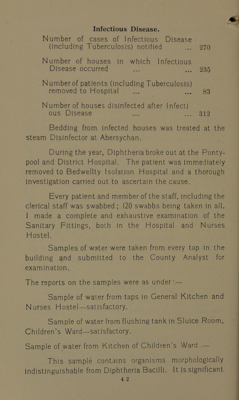 Infectious Disease. Number of cases of Infectious Disease (including Tuberculosis) notified ... 270 Number of houses in which Infectious Disease occurred ... ... 235 Number of patients (including Tuberculosis) removed to Hospital ... ... 83 N umber of houses disinfected after Infecti ous Disease ... ... 312 Bedding from infected houses was treated at the steam Disinfector at Abersychan. During the year, Diphtheria broke out at the Ponty- pool and District Hospital. The patient was immediately removed to Bedwellty Isolation Hospital and a thorough investigation carried out to ascertain the cause. Every patient and member of the staff, including the clerical staff was swabbed; 120 swabbs being taken in all. I made a complete and exhaustive examination of the Sanitary Fittings, both in the Hospital and Nurses Hostel. Samples of water were taken from every tap in the building and submitted to the County Analyst for examination. The reports on the samples were as under:— Sample of water from taps in General Kitchen and Nurses Hostel—satisfactory. Sample of water from flushing tank in Sluice Room, Children’s Ward—satisfactory. Sample of water from Kitchen of Children’s Ward .— This sample contains organisms morphologically indistinguishable from Diphtheria Bacilli. It is significant