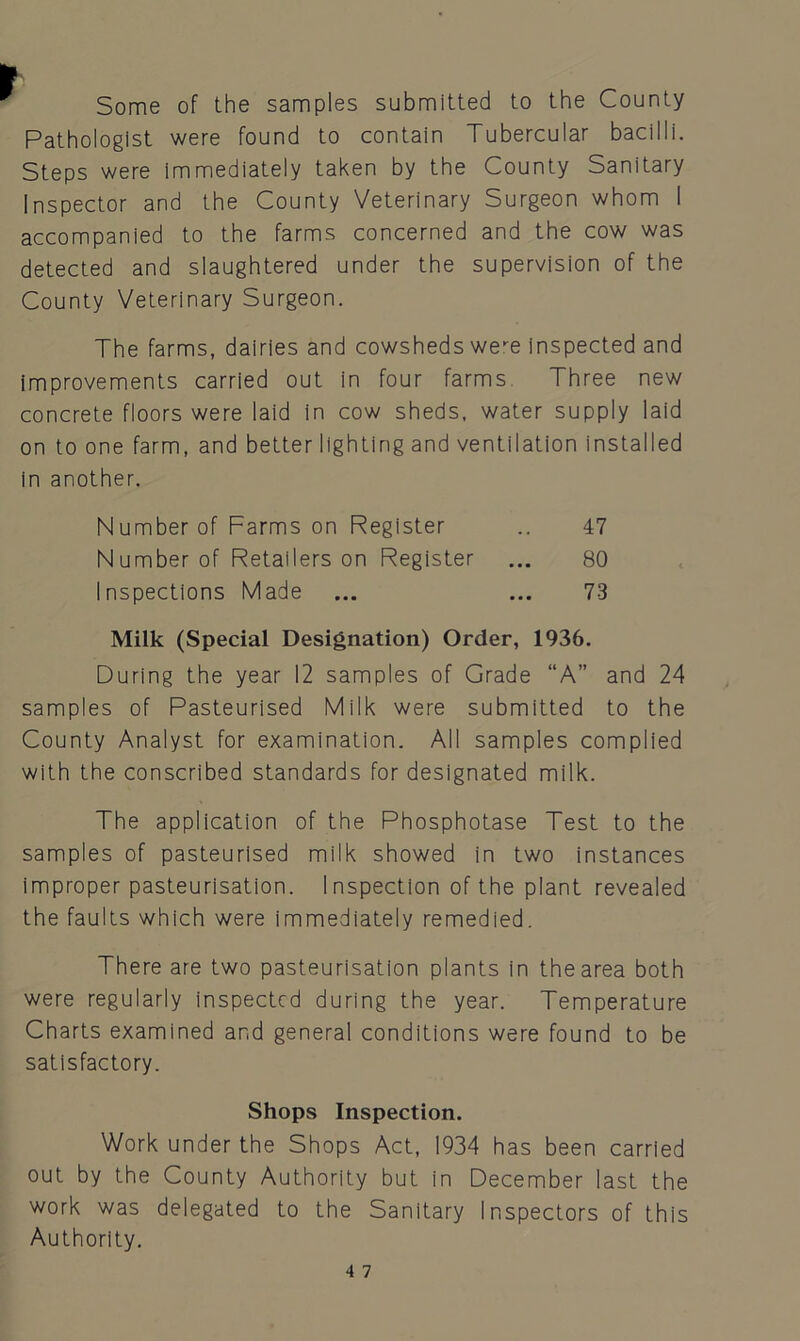 Some of the samples submitted to the County Pathologist were found to contain Tubercular bacilli. Steps were immediately taken by the County Sanitary Inspector and the County Veterinary Surgeon whom I accompanied to the farms concerned and the cow was detected and slaughtered under the supervision of the County Veterinary Surgeon. The farms, dairies and cowsheds we-e inspected and improvements carried out in four farms Three new concrete floors were laid in cow sheds, water supply laid on to one farm, and better lighting and ventilation installed in another. Number of Farms on Register .. 47 N umber of Retailers on Register ... 80 Inspections Made ... ... 73 Milk (Special Designation) Order, 1936. During the year 12 samples of Grade “A” and 24 samples of Pasteurised Milk were submitted to the County Analyst for examination. All samples complied with the conscribed standards for designated milk. The application of the Phosphotase Test to the samples of pasteurised milk showed in two instances improper pasteurisation. I nspection of the plant revealed the faults which were immediately remedied. There are two pasteurisation plants in the area both were regularly inspected during the year. Temperature Charts examined and general conditions were found to be satisfactory. Shops Inspection. Work under the Shops Act, 1934 has been carried out by the County Authority but in December last the work was delegated to the Sanitary Inspectors of this Authority.