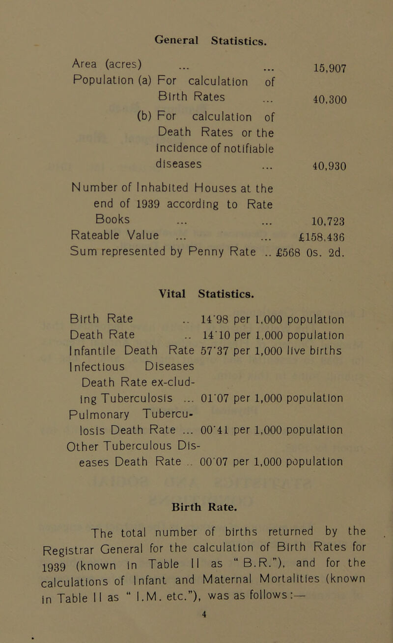 General Statistics. Area (acres) Population (a) For calculation of Birth Rates (b) For calculation of Death Rates or the incidence of notifiable diseases 40,930 40,300 15,907 Number of Inhabited Flouses at the end of 1939 according to Rate Books 10,723 £158,436 Rateable Value Sum represented by Penny Rate .. £568 0s. 2d. Infantile Death Rate 57'37 per 1,000 live births Infectious Diseases Death Rate ex-clud- ing Tuberculosis ... 01'07 per 1,000 population Pulmonary Tubercu- losis Death Rate ... 00'41 per 1,000 population Other Tuberculous Dis- eases Death Rate .. 00 07 per 1,000 population The total number of births returned by the Registrar General for the calculation of Birth Rates for 1939 (known in Table II as B.R. ), and for the calculations of Infant and Maternal Mortalities (known in Table 11 as “ I. M. etc.”), was as follows Vital Statistics. Birth Rate Death Rate .. 14'98 per 1,000 population .. 1410 per 1.000 population Birth Rate.