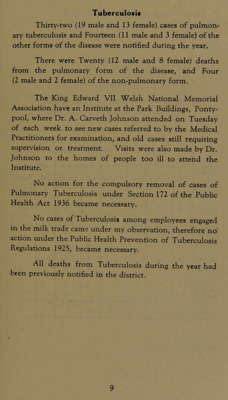 Tuberculosis Thirty-two (19 male and 13 female) cases of pulmon- ary tuberculosis and Fourteen (11 male and 3 female) of the other forms of the disease were notified during the year. There were Twenty (12 male and 8 female) deaths from the pulmonary form of the disease, and Four (2 male and 2 female) of the non-pulmonary form. The King Edward VII Welsh National Memorial Association have an Institute at the Park Buildings, Ponty- pool, where Dr. A. Carveth Johnson attended on Tuesday of each week to see new cases referred to by the Medical Practitioners for examination, and old cases still requiring supervision or treatment. Visits were also made by Dr. Johnson to the homes of people too ill to attend the Institute. No action for the compulsory removal of cases of Pulmonary Tuberculosis under Section 172 of the Public Health Act 1936 became necessary. No cases of Tuberculosis among employees engaged in the milk trade came under my observation, therefore no action under the Public Health Prevention of Tuberculosis Regulations 1925, became necessary. All deaths from Tuberculosis during the year had been previously notified in the district.