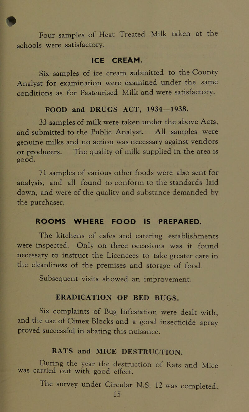 Four samples of Heat Treated Milk taken at the schools were satisfactory. ICE CREAM. Six samples of ice cream submitted to the County Analyst for examination were examined under the same conditions as for Pasteurised Milk and were satisfactory. FOOD and DRUGS ACT, 1934—1938. 33 samples of milk were taken under the above Acts, and submitted to the Public Analyst. All samples were genuine milks and no action was necessary against vendors or producers. The quality of milk supplied in the area is good. 71 samples of various other foods were also sent for analysis, and all found to conform to the standards laid down, and were of the quality and substance demanded by the purchaser. ROOMS WHERE FOOD IS PREPARED. The kitchens of cafes and catering establishments were inspected. Only on three occasions was it found necessary to instruct the Licencees to take greater care in the cleanliness of the premises and storage of food. Subsequent visits showed an improvement. ERADICATION OF BED BUGS. Six complaints of Bug Infestation were dealt with, and the use of Cimex Blocks and a good insecticide spray proved successful in abating this nuisance. RATS and MICE DESTRUCTION. During the year the destruction of Rats and Mice was carried out with good effect. The survey under Circular N.S. 12 was completed.
