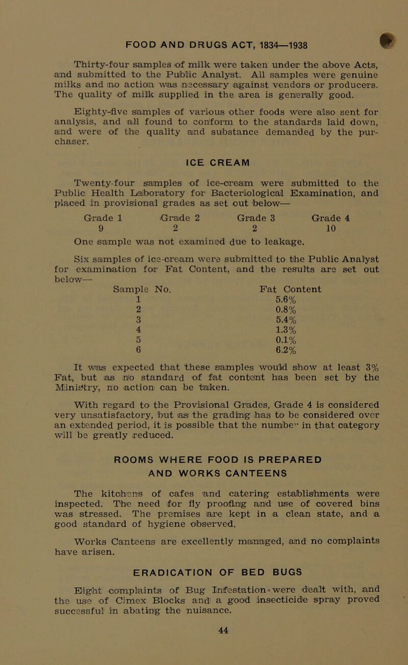 FOOD AND DRUGS ACT, 1834—1938 Thirty-four samples of milk were taken under the above Acts, and submitted to the Public Analyst. All samples were genuine milks and ino action was necessary against vendors or producers. The quality of millk supplied in the area is generally good. Eighty-five samples of various other foods were also sent for analysis, and al'l found to conform to the standards laid down, and were of the quality aind substance demanded by the pur- chaser. ICE CREAM Twenty-four samples of ice-cream were submitted to the Public Health Laboratory for Bacteriological Examination, and placed in provisional grades as set out below— Grade 1 -Grade 2 Grade 3 Grade 4 9 2 2 10 One sample was not examined due to leakage. Six samples of icc-cream were submitted to the Public Analyst for examination for Fat Content, and the results are set out below— Sample No. 1 2 3 4 5 6 Fat Content 5.6% 0.8% 5.4% 1.3% 0.1% 6.2% It was expected that these samples would show at least 3% Fat, but as bo standard of fat content has been set by the Ministry, no action can be taken. With regard to- the Provisional Grades, Grade 4 is considered very unsatisfactory, but as the grading has to be considered over an extended period, it is possible that the number in that category will be greatly reduced. ROOMS WHERE FOOD IS PREPARED AND WORKS CANTEENS The kitchens of cafes and catering establishments were inspected. The need -for fly proofing and use of covered bins was stressed. The premises are kept in a clean state, and a good standard of hygiene observed. Works Canteens are excellently managed, and no complaints have arisen. ERADICATION OF BED BUGS Eight complaints of Bug Infestation ■ were dealt with, and the use of Cimex Blocks and! a good insecticide spray proved successful .in abating the nuisance.