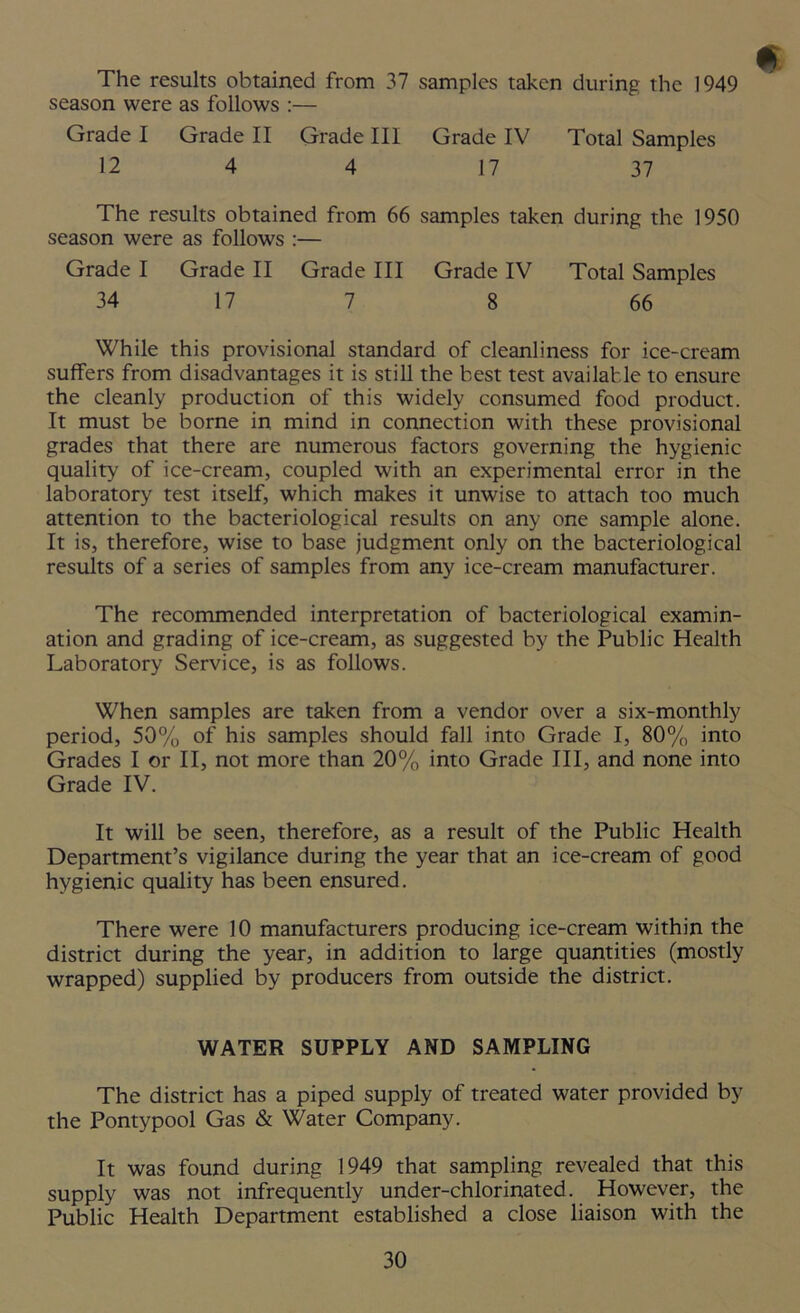 The results obtained from 37 samples taken during the 1949 season were as follows :— Grade I Grade II Grade III Grade IV Total Samples 12 4 4 17 37 The results obtained from 66 samples taken during the 1950 season were as follows :— Grade I Grade II Grade III Grade IV Total Samples 34 17 7 8 66 While this provisional standard of cleanliness for ice-cream suffers from disadvantages it is still the best test available to ensure the cleanly production of this widely consumed food product. It must be borne in mind in connection with these provisional grades that there are numerous factors governing the hygienic quality of ice-cream, coupled with an experimental error in the laboratory test itself, which makes it unwise to attach too much attention to the bacteriological results on any one sample alone. It is, therefore, wise to base judgment only on the bacteriological results of a series of samples from any ice-cream manufacturer. The recommended interpretation of bacteriological examin- ation and grading of ice-cream, as suggested by the Public Health Laboratory Service, is as follows. When samples are taken from a vendor over a six-monthly period, 50% of his samples should fall into Grade I, 80% into Grades I or II, not more than 20% into Grade III, and none into Grade IV. It will be seen, therefore, as a result of the Public Health Department’s vigilance during the year that an ice-cream of good hygienic quality has been ensured. There were 10 manufacturers producing ice-cream within the district during the year, in addition to large quantities (mostly wrapped) supplied by producers from outside the district. WATER SUPPLY AND SAMPLING The district has a piped supply of treated water provided by the Pontypool Gas & Water Company. It was found during 1949 that sampling revealed that this supply was not infrequently under-chlorinated. However, the Public Health Department established a close liaison with the