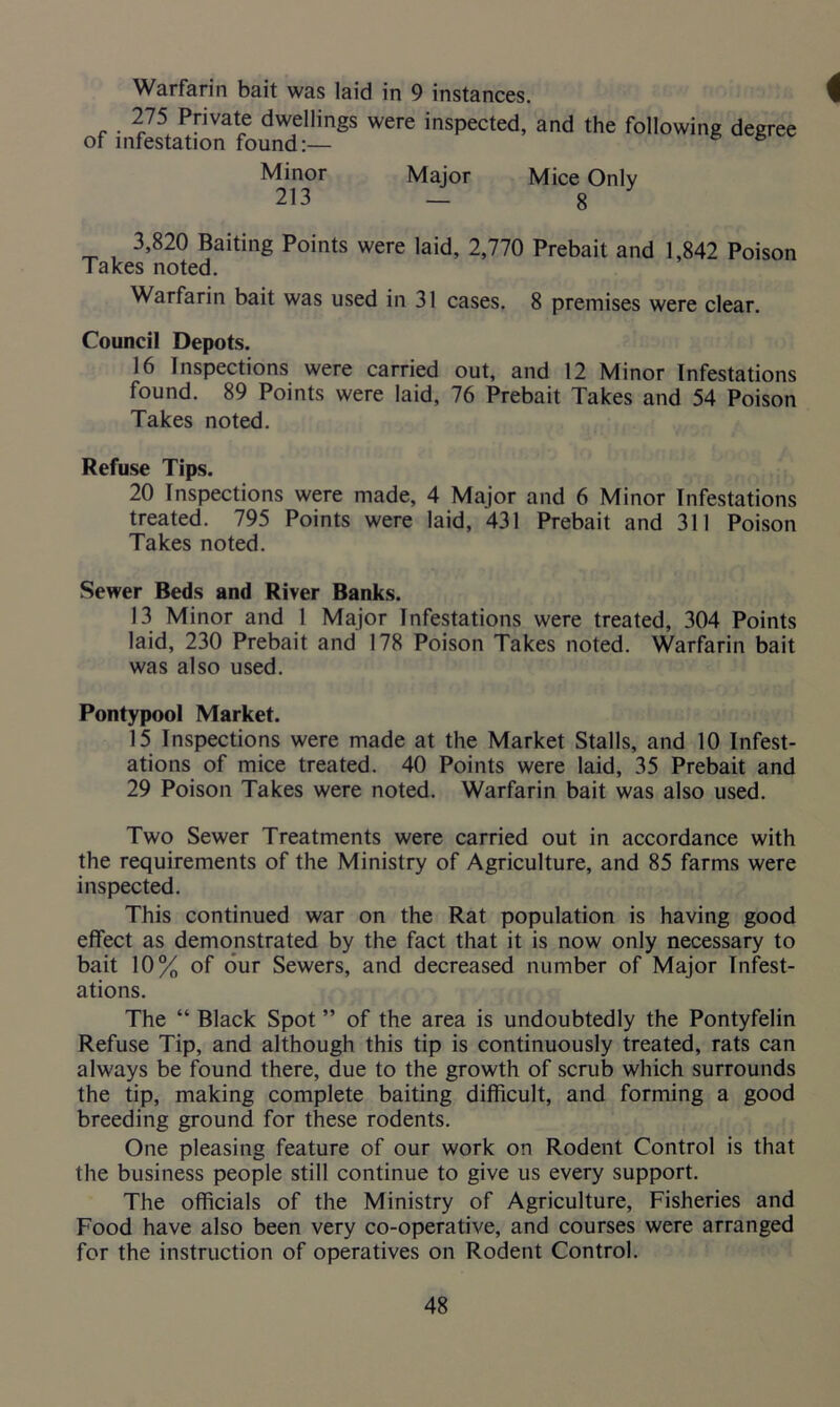 Warfarin bait was laid in 9 instances. 4 275 Private dwellings were inspected, and the following degree of infestation found:— Minor Major Mice Only 213 _ g 3,820 Baiting Points were laid, 2,770 Prebait and 1,842 Poison Takes noted. Warfarin bait was used in 31 cases. 8 premises were clear. Council Depots. 16 Inspections were carried out, and 12 Minor Infestations found. 89 Points were laid, 76 Prebait Takes and 54 Poison Takes noted. Refuse Tips. 20 Inspections were made, 4 Major and 6 Minor Infestations treated. 795 Points were laid, 431 Prebait and 311 Poison Takes noted. Sewer Beds and River Banks. 13 Minor and 1 Major Infestations were treated, 304 Points laid, 230 Prebait and 178 Poison Takes noted. Warfarin bait was also used. Pontypool Market. 15 Inspections were made at the Market Stalls, and 10 Infest- ations of mice treated. 40 Points were laid, 35 Prebait and 29 Poison Takes were noted. Warfarin bait was also used. Two Sewer Treatments were carried out in accordance with the requirements of the Ministry of Agriculture, and 85 farms were inspected. This continued war on the Rat population is having good effect as demonstrated by the fact that it is now only necessary to bait 10% of our Sewers, and decreased number of Major Infest- ations. The “ Black Spot ” of the area is undoubtedly the Pontyfelin Refuse Tip, and although this tip is continuously treated, rats can always be found there, due to the growth of scrub which surrounds the tip, making complete baiting difficult, and forming a good breeding ground for these rodents. One pleasing feature of our work on Rodent Control is that the business people still continue to give us every support. The officials of the Ministry of Agriculture, Fisheries and Food have also been very co-operative, and courses were arranged for the instruction of operatives on Rodent Control.