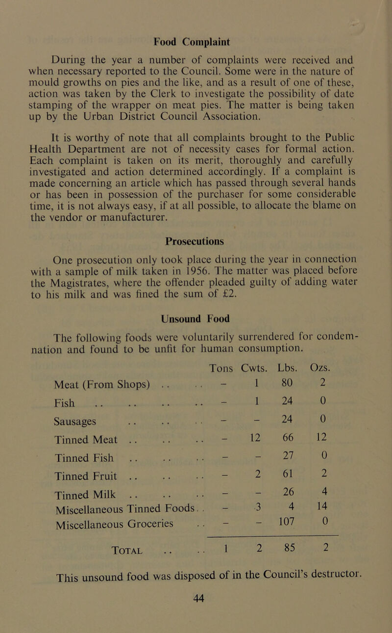 Food Complaint During the year a number of complaints were received and when necessary reported to the Council. Some were in the nature of mould growths on pies and the like, and as a result of one of these, action was taken by the Clerk to investigate the possibility of date stamping of the wrapper on meat pies. The matter is being taken up by the Urban District Council Association. It is worthy of note that all complaints brought to the Public Health Department are not of necessity cases for formal action. Each complaint is taken on its merit, thoroughly and carefully investigated and action determined accordingly. If a complaint is made concerning an article which has passed through several hands or has been in possession of the purchaser for some considerable time, it is not always easy, if at all possible, to allocate the blame on the vendor or manufacturer. Prosecutions One prosecution only took place during the year in connection with a sample of milk taken in 1956. The matter was placed before the Magistrates, where the offender pleaded guilty of adding water to his milk and was fined the sum of £2. Unsound Food The following foods were voluntarily surrendered for condem- nation and found to be unfit for human consumption. Meat (From Shops) .. Tons Cwts. 1 Lbs. 80 Ozs 2 Fish - 1 24 0 Sausages - - 24 0 Tinned Meat .. - 12 66 12 Tinned Fish - - 27 0 Tinned Fruit .. - 2 61 2 Tinned Milk .. - - 26 4 Miscellaneous Tinned Foods - 3 4 14 Miscellaneous Groceries - — 107 0 Total 1 2 85 2 This unsound food was disposed of in the Council’s destructor.
