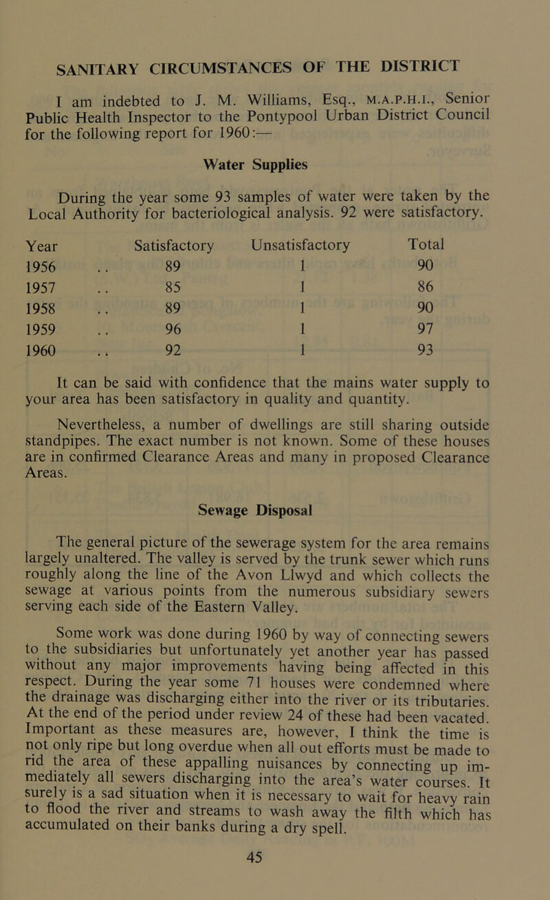 SANITARY CIRCUMSTANCES OF THE DISTRICT I am indebted to J. M. Williams, Esq., m.a.p.h.i., Senior Public Health Inspector to the Pontypool Urban District Council for the following report for 1960:— Water Supplies During the year some 93 samples of water were taken by the Local Authority for bacteriological analysis. 92 were satisfactory. Year Satisfactory Unsatisfactory Total 1956 89 1 90 1957 85 1 86 1958 89 1 90 1959 96 1 97 1960 92 1 93 It can be said with confidence that the mains water supply to your area has been satisfactory in quality and quantity. Nevertheless, a number of dwellings are still sharing outside standpipes. The exact number is not known. Some of these houses are in confirmed Clearance Areas and many in proposed Clearance Areas. Sewage Disposal The general picture of the sewerage system for the area remains largely unaltered. The valley is served by the trunk sewer which runs roughly along the line of the Avon Llwyd and which collects the sewage at various points from the numerous subsidiary sewers serving each side of the Eastern Valley. Some work was done during 1960 by way of connecting sewers to the subsidiaries but unfortunately yet another year has passed without any major improvements having being affected in this respect. During the year some 71 houses were condemned where the drainage was discharging either into the river or its tributaries. At the end of the period under review 24 of these had been vacated. Important as these measures are, however, I think the time is not only ripe but long overdue when all out efforts must be made to rid the area of these appalling nuisances by connecting up im- mediately all sewers discharging into the area’s water courses. It surely is a sad situation when it is necessary to wait for heavy rain to flood the river and streams to wash away the filth which has accumulated on their banks during a dry spell.