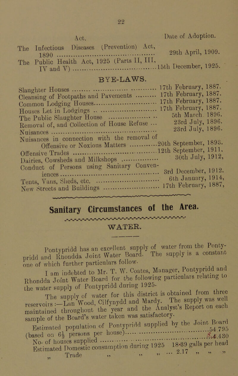 ^ct Date of Adoption. The Infectious Diseases (Prevention) Act, 1890 29th April, 1909. The Public Health Act, 1925 (Parts II, III, . IY and Y) 15th December, l92o. BYE-LAWS. Slaughter Houses ^h February, 1887 Cleansing of Footpaths and Pavements 17th Februaiy, 188/. Common Lodging Houses JJth February, 887. Houses Let in Lodgings 17fchr? isor’ The Public Slaughter House 5tJ faT f Removal of, and Collection of House Refuse ... 23rd July, 1896. Nuisances ;••• 23rd July, 1896. Nuisances in connection with the removal of Offensive or Noxious Matters 20th September, 89o. Offensive Trades 12th September, 9 1. Dairies, Cowsheds and Milkshops 30th July, 19 , Conduct of Persons using Sanitary Conwen- ^ 1912< Tpius Vans Sheds etc 6th January, 1914, N^tSgyBufldtngs 17th February, 1887, Sanitary Circumstances of the Area. WATER. Pontypridd has an excellent supply of water from the Ponty- pridd and IlLdda Joint Water Board. The supply is a constant one of which further particulars follow. I am indebted to Mr. T. W. Coates, Manager, Pontypridd and Rhondda Joint Water Board for the following particulars relating the water supply of Pontypridd during 1925- ThLSFP,VLrraffvm'd“nd ^£rij“ The'Xplywas well raJXkied throughout' the year and the Analyst’s Report on each sample of the Board’s water taken was satisfactory. Estimated population of Pontypridd supplied by the: .Joint Board (based on 6^ persons per house) <?v4.430 No- of houses supplied _ iq.qc) palls Der head Estimated Domestic consumption during 19^5 It139 g . p^ Trade „ 2-17 ” ”