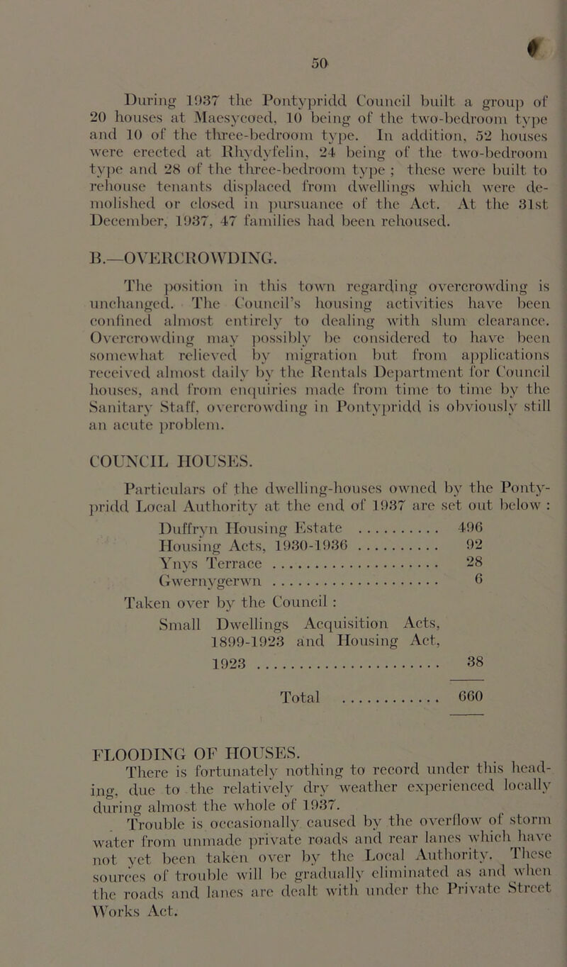 t During 1937 the Pontypridd Council built a group of 20 houses at Maesycoed. 10 being of the two-bedroom type and 10 of the three-bedroom type. In addition, 52 houses were erected at Rhydyfelin, 24 being of the two-bedroom type and 28 of the three-bedroom type ; these were built to rehouse tenants displaced from dwellings which were de- molished or closed in pursuance of the Act. At the 31st December, 1037, 47 families had been rehoused. B.—OVERCROWDING. The position in this town regarding overcrowding is unchanged. The Council’s housing activities have been confined almost entirely to dealing with slum clearance. Overcrowding may possibly be considered to have been somewhat relieved by migration but from applications received almost daily by the Rentals Department for Council houses, and from enquiries made from time to time by the Sanitary Staff, overcrowding in Pontypridd is obviously still an acute problem. COUNCIL HOUSES. Particulars of the dwelling-houses owned by the Ponty- pridd Local Authority at the end of 1937 are set out below : Duffryn Housing Estate 496 Housing Acts, 1930-1936 92 Ynys Terrace 28 Gwernygerwn 6 Taken over by the Council : Small Dwellings Acquisition Acts, 1899-1923 and Housing Act, 1923 38 Total 660 FLOODING OF HOUSES. There is fortunately nothing to record under this head- ing, due to the relatively dry weather experienced locally during almost the whole of 1937. Trouble is occasionally caused by the overflow of storm water from unmade private roads and rear lanes which have not yet been taken over by the Local Authority. These sources of trouble will be gradually eliminated as and when the roads and lanes are dealt with under the Private Sticet Works Act.