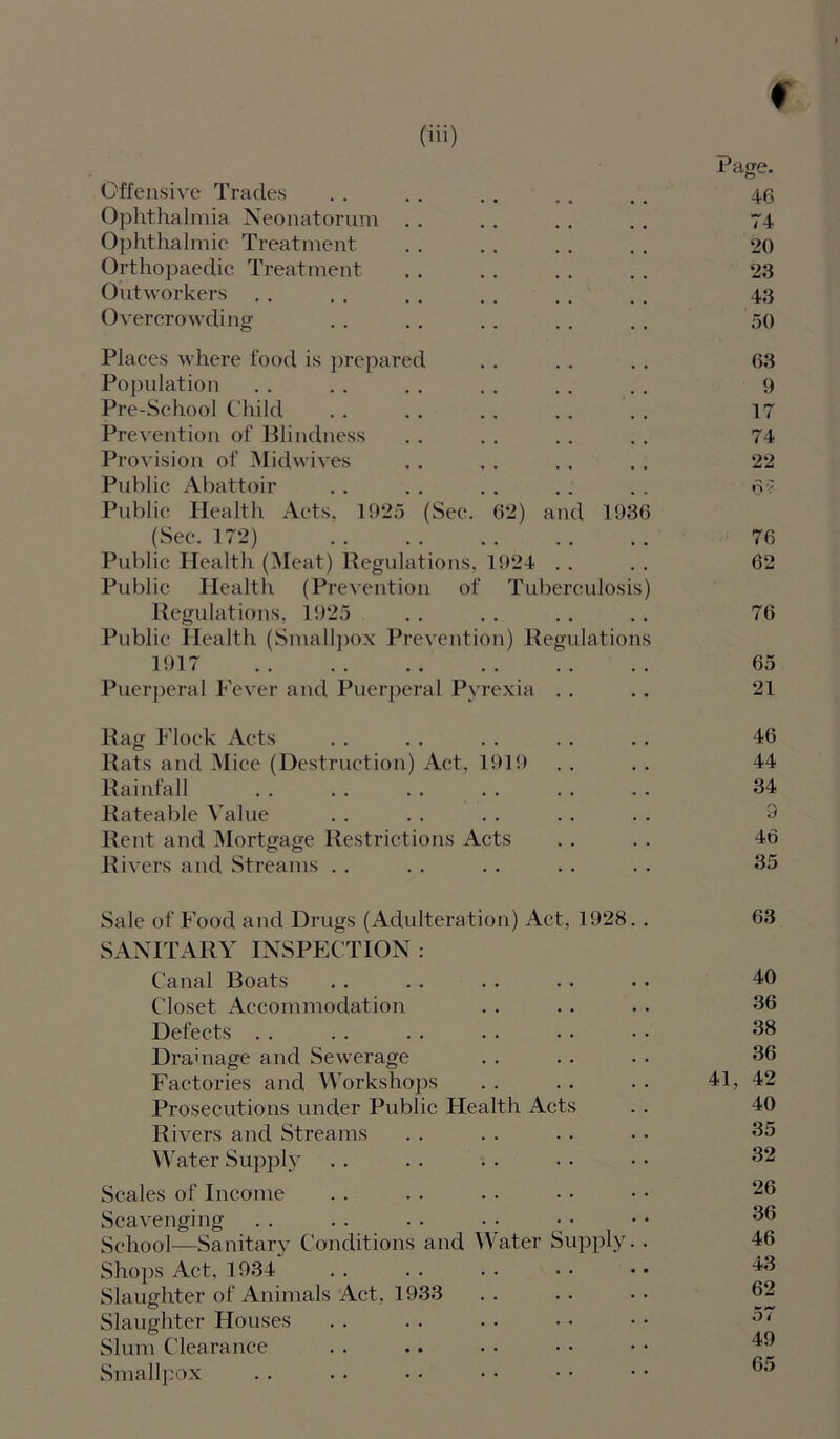 ♦ (iii) Page. Offensive Tracies . . . . . . .. . . 45 Ophthalmia Neonatorum . . . . . . . . 74 Ophthalmic Treatment . . . . . . . . 20 Orthopaedic Treatment . . . . . . . . 23 Outworkers . . . . . . . . . . . . 43 Overcrowding .. . . .. . . .. 50 Places where food is prepared . . . . . . 63 Population . . . . . . . . . . . . 9 Pre-School Child .. .. .. .. .. 17 Prevention of Blindness .. . . . . . . 74 Provision of Midwives . . . . . . . . 22 Public Abattoir . . . . . . . . . . 6? Public Health Acts, 1925 (Sec. 62) and 1936 (Sec. 172) 76 Public Health (Meat) Regulations, 1924 . . . . 62 Public Health (Prevention of Tuberculosis) Regulations, 1925 . . . . . . . . 76 Public Health (Smallpox Prevention) Regulations 1917 . . .. 65 Puerperal Fever and Puerperal Pyrexia . . .. 21 Rag Flock Acts . . . . . . . . . . 46 Rats and Mice (Destruction) Act, 1919 . . . . 44 Rainfall . . . . . . . . . . .. 34 Rateable Value . . . . . . .. . . 9 Rent and Mortgage Restrictions Acts . . . . 46 Rivers and Streams . . . . .. .. . . 35 Sale of Food and Drugs (Adulteration) Act, 1928. . 63 SANITARY INSPECTION : Canal Boats . . . . .. .. .. 40 Closet Accommodation . . . . .. 36 Defects . . . . . . . . . . • • 38 Drainage and Sewerage . . . . . . 36 Factories and Workshops . . .. . . 41, 42 Prosecutions under Public Health Acts . . 40 Rivers and Streams . . . . . . . • 35 Water Supply . . . . . . • • • • 32 Scales of Income . . . . .. • • • • 23 Scavenging . . . . . . • • • • • • 33 School—Sanitary Conditions and Water Supply. . 46 Shops Act, 1934 . . . . . • • • • • 43 Slaughter of Animals Act, 1933 . . .. • • 32 Slaughter Houses . . . . . . • • • • Slum Clearance . . .. • • • • • • Smallpox . . . . • • • • • • • • 65