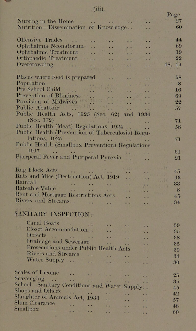 (iff). Nursing in the Home Nutrition—Dissemination of Knowledge. . Offensive Trades Ophthalmia Neonatorum Ophthalmic Treatment Orthpaedic Treatment Overcrowding Places where food is prepared Population Pre-School Child Prevention of Blindness Provision of Midwiv'es Public Abattoir Public Health Acts, 1925 (Sec. 62) and 1936 (Sec. 172) Public Health (Meat) Regulations, 1924 Public Health (Prevention of Tuberculosis) Regu- lations, 1925 Public Health (Smallpox Prevention) Regulations 1917 Puerperal Fever and Puerperal Pyrexia Rag Flock Acts Rats and Mice (Destruction) Act, 1919 Rainfall Rateable Value Rent and Mortgage Restrictions Acts Rivers and Streams SANITARY INSPECTION : Canal Boats Closet Accommodation. . Defects Drainage and Sewerage Prosecutions under Public Health Acts Rivers and Streams Water Supply Scales of Income Scavenging School—Sanitary Conditions and Water Sunnlv Shops and Officels Slaughter of Animals Act, 1933 Slum Clearance Smallpox Page. 27 60 44 69 19 22 48, 49 58 8 16 69 22 57 71 58 71 61 21 45 43 33 8 45 34 39 35 38 35 39 34 30 25 35 45 42 57 48 60