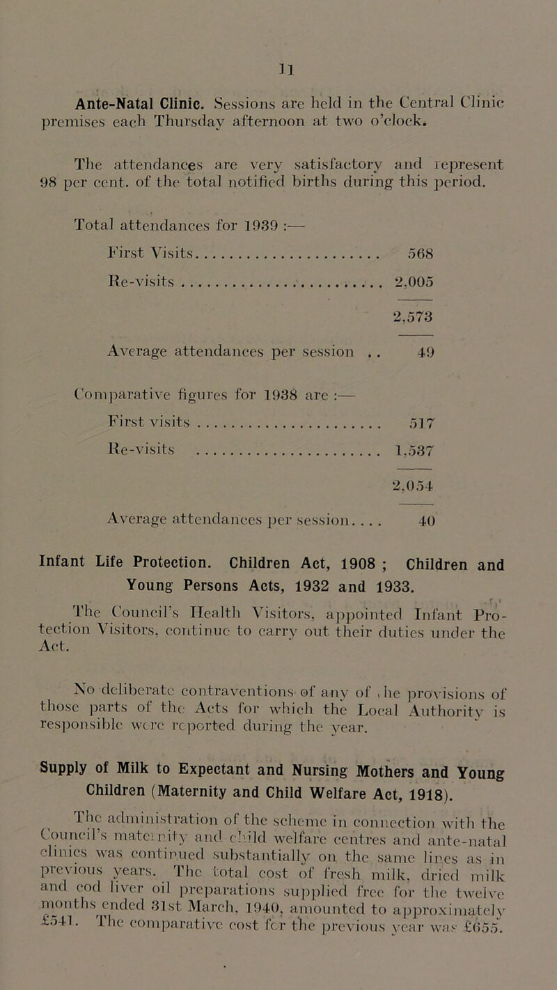 Ante-Natal Clinic. Sessions are held in the Central Clinic premises each Thursday afternoon at two o’clock. The attendances are very satisfactory and represent 98 per cent, of the total notified births during this period. Total attendances for 1939 :■— First Visits 568 Re-visits 2,005 2,573 Average attendances per session . . 49 Comparative figures for 1938 are :— First visits 517 Re-visits 1,537 2,054 Average attendances per session. ... 40 Infant Life Protection. Children Act, 1908 ; Children and Young Persons Acts, 1932 and 1933. , .. , .f i The Council’s Health Visitors, appointed Infant Pro- tection Visitors, continue to carry out their duties under the Act. No deliberate contraventions of any of , he provisions of those parts ol the Acts for which the Local Authoritv is responsible were reported during the year. Supply of Milk to Expectant and Nursing Mothers and Young Children (Maternity and Child Welfare Act, 1918). 1 he administration ol the scheme in connection with the Council’s maternity and child welfare centres and ante-natal clinics was continued substantially on the same lines as in previous years. The total cost of fresh milk, dried milk and cod liver oil preparations supplied free for the twelve months ended 31st March, 1940, amounted to approximately £541. The comparative cost for the previous year was £655.