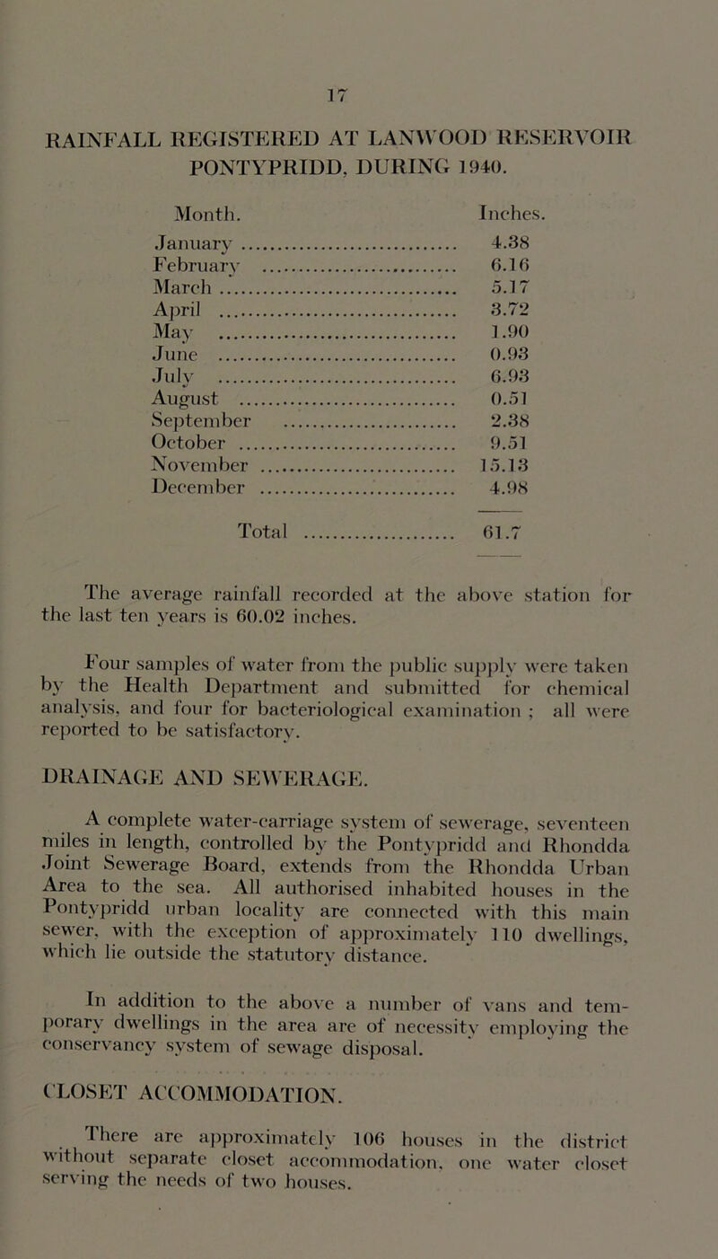 ] 7 RAINFALL REGISTERED AT LANYVOOD RESERVOIR PONTYPRIDD. DURING 1940. Month. Inches. January 4.38 February 0.16 March 5.17 April 3.72 May 1.90 June 0.93 July 6.93 August 0.51 September 2.38 October 9.51 November 15.13 December 4.98 Total 61.7 The average rainfall recorded at the above station for the last ten years is 60.02 inches. Four samples of water from the public supply were taken by the Health Department and submitted for chemical analysis, and four for bacteriological examination ; all were reported to be satisfactory. DRAINAGE AND SEWERAGE. A complete water-carriage system of sewerage, seventeen miles in length, controlled by the Pontypridd and Rhondda Joint Sewerage Board, extends from the Rhondda Urban Area to the sea. All authorised inhabited houses in the Pontypridd urban locality are connected with this main sewer, with the exception of approximately 110 dwellings, which lie outside the statutory distance. In addition to the above a number of vans and tem- porary dwellings in the area are of necessity employing the conservancy system of sewage disposal. CLOSET ACCOMMODATION. There are approximately 106 houses in the district without separate closet accommodation, one water closet serving the needs of two houses.