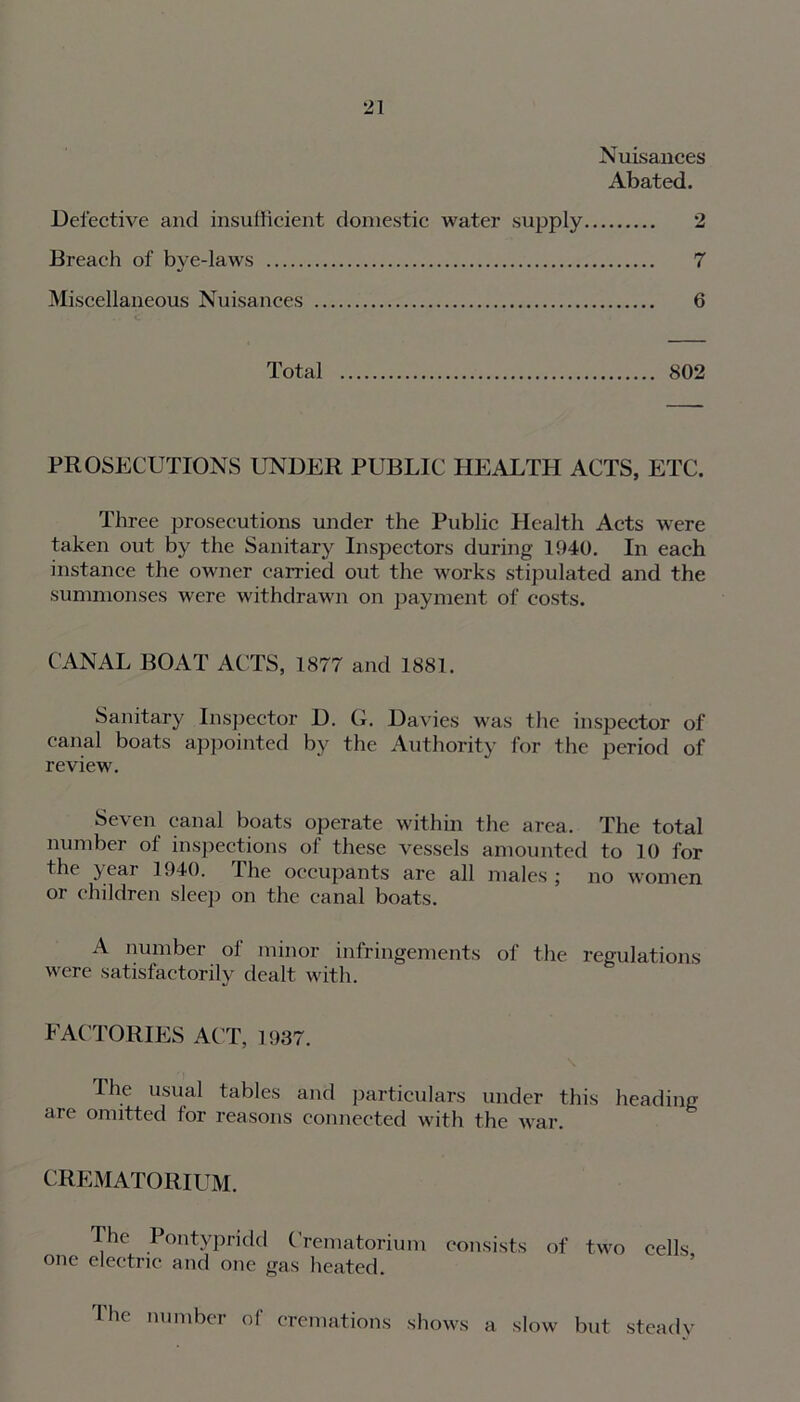 Nuisances Abated. Defective and insufficient domestic water supply 2 Breach of bye-laws 7 Miscellaneous Nuisances 6 Total 802 PROSECUTIONS UNDER PUBLIC HEALTH ACTS, ETC. Three prosecutions under the Public Health Acts were taken out by the Sanitary Inspectors during 1940. In each instance the owner carried out the works stipulated and the summonses were withdrawn on payment of costs. CANAL BOAT ACTS, 1877 and 1881. Sanitary Inspector D. G. Davies was the inspector of canal boats appointed by the Authority for the period of review. Seven canal boats operate within the area. The total number of inspections of these vessels amounted to 10 for the year 1940. The occupants are all males ; no women or children sleep on the canal boats. A number of minor infringements of the regulations were satisfactorily dealt with. FACTORIES ACT, 1937. The usual tables and particulars under this heading are omitted for reasons connected with the war. CREMATORIUM. The Pontypridd Crematorium consists of two cells one electric and one gas heated. I he number of cremations shows a slow but steady
