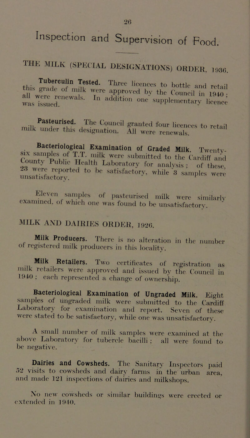 Inspection and Supervision of Food. THE MILK (SpECIAL DESIGNATIONS) ORDER, ]936. this IUbfCUlin TfSted* Three licences to bottle and retail all wpr de ° ml k Wrere aPProved by the Council in 1940- was Issued6116^ “ add,tl°n °ne suPPlementaxy licence Pasteurised. milk under this I he Council granted four licences to retail designation. All were renewals. Bacteriological Examination of Graded Milk. Twentv- CountvP^bl V'Ufi TCre SUbmitted to the Carddfaifd Countv Public Health Laboratory for analysis ; of these ‘° '>e *a*fcet“* 3 -»P'« were Eleven samples of pasteurised milk were similarly examined, of which one was found to be unsatisfactory. MILK AND DAIRIES ORDER, 1926. Milk Producers. There is no alteration in the number oi registered milk producers in this locality. Milk Retailers. Two certificates of registration as milk retailers were approved and issued by the Council in 1940 ; each represented a change of ownership. Bacteriological Examination of Ungraded Milk. Eight samples of ungraded milk were submitted to the Cardiff Laboiatory for examination and report. Seven of these were stated to be satisfactory, while one was unsatisfactory. A small number of milk samples were examined at the above Laboratory for tubercle bacilli ; all were found to be negative. Dairies and Cowsheds. The Sanitary Inspectors paid 52 visits to cowsheds and dairy farms in the urban area, and made 121 inspections of dairies and milkshops. No new cowsheds or similar buildings were erected or extended in 1940.
