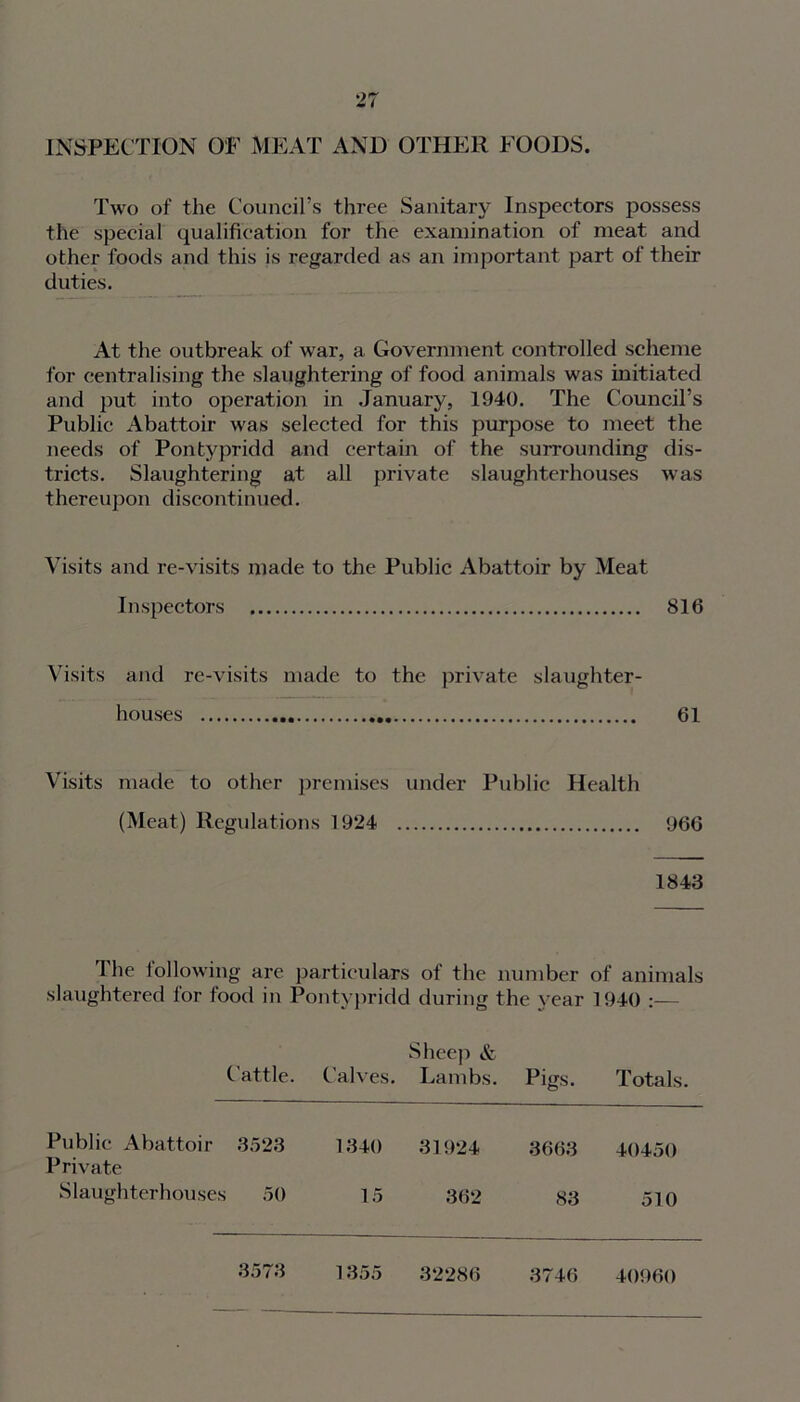 INSPECTION OF MEAT AND OTHER FOODS. Two of the Council’s three Sanitary Inspectors possess the special qualification for the examination of meat and other foods and this is regarded as an important part of their duties. At the outbreak of war, a Government controlled scheme for centralising the slaughtering of food animals was initiated and put into operation in January, 1940. The Council’s Public Abattoir was selected for this purpose to meet the needs of Pontypridd and certain of the surrounding dis- tricts. Slaughtering at all private slaughterhouses was thereupon discontinued. Visits and re-visits made to the Public Abattoir by Meat Inspectors 816 Visits and re-visits made to the private slaughter- houses 61 Visits made to other premises under Public Health (Meat) Regulations 1924 966 1843 The lollowing are particulars of the number of animals slaughtered lor food in Pontypridd during the year 1940 :— Sheep & Cattle. Calves. Lambs. Pigs. Totals. Public Abattoir 3523 1340 31924 3663 40450 Private Slaughterhouses 50 15 362 83 510 3573 1355 32286 3746 40960