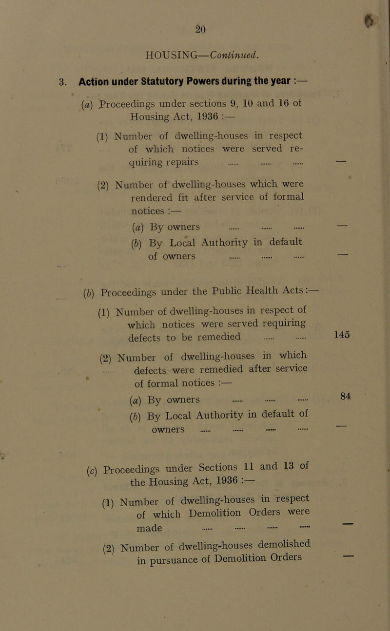 3. Action under Statutory Powers during the year [a) Proceedings under sections 9, 10 and 16 ol Housing Act, 1936 :— (1) Number of dwelling-houses in respect of which notices were served re- quiring repairs (2) Number of dwelling-houses which were rendered fit after service of formal notices :— (a) By owners (b) By Local Authority in default of owners (b) Proceedings under the Public Health Acts:— (1) Number of dwelling-houses in respect of which notices were served requiring defects to be remedied (2) Number of dwelling-houses in which defects were remedied after service of formal notices :— (a) By owners (b) By Local Authority in default of owners (c) Proceedings under Sections 11 and 13 of the Housing Act, 1936 :— (1) Number of dwelling-houses in respect of which Demolition Orders were made (2) Number of dwelling-houses demolished in pursuance of Demolition Orders