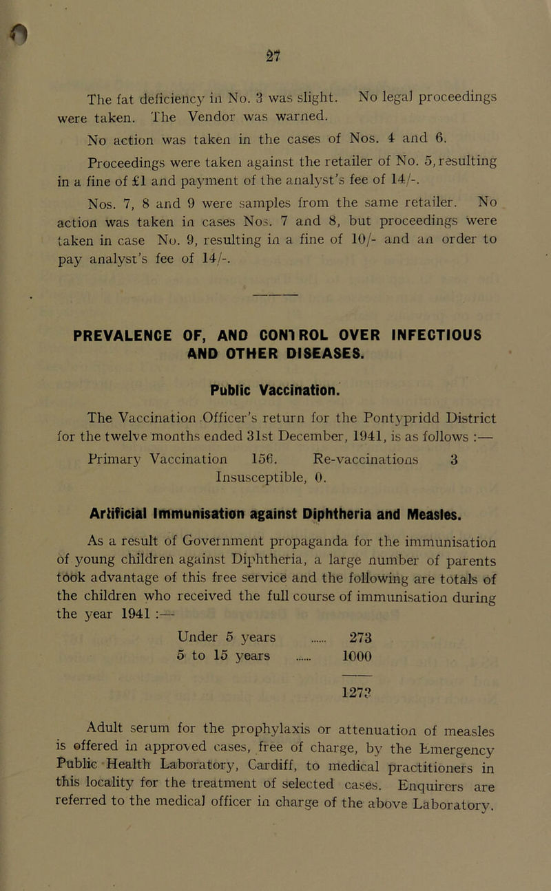 cs 27 The fat deficiency in No. 3 was slight. No legal proceedings were taken. The Vendor was warned. No action was taken in the cases of Nos. 4 and 6. Proceedings were taken against the retailer of No. 5, resulting in a fine of £1 and payment of the analyst’s fee of 14/-. Nos. 7, S and 9 were samples from the same retailer. No action was taken in cases Nos. 7 and 8, but proceedings were taken in case No. 9, resulting in a fine of 10/- and an order to pay analyst’s fee of 14/-. PREVALENCE OF, AND CONI ROL OVER INFECTIOUS AND OTHER DISEASES. Public Vaccination. The Vaccination Officer’s return for the Pontypridd District for the twelve months ended 31st December, 1941, is as follows :— Primary Vaccination 156. Re-vaccinations 3 Insusceptible, 0. Artificial Immunisation against Diphtheria and Measles. As a result of Government propaganda for the immunisation of young children against Diphtheria, a large number of parents took advantage of this free service and the following are totals of the children who received the full course of immunisation during the year 1941 :— Under 5 years 273 5 to 15 years 1000 127? Adult serum for the prophylaxis or attenuation of measles is offered in approved cases, free of charge, by the Emergency Public Health Laboratory, Cardiff, to medical practitioners in this locality for the treatment of selected cases. Enquirers are referred to the medical officer in charge of the above Laboratory.