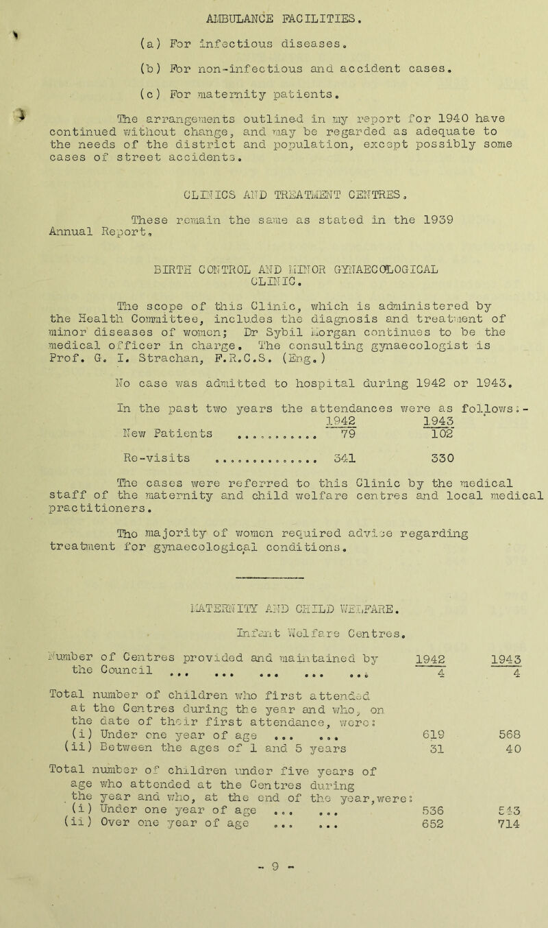 AMBULANCE FACILITIES. (a) For infectious diseases. (b) For non-infectious and accident cases. (c) For maternity patients. The arrangements outline-d in my report for 1940 have continued without change, and may be regarded as adequate to the needs of the district and population, except possibly some cases of street accidents. CLINICS AND TREATMENT CENTRES. These remain the same as stated in the 1939 Annua1 Report, BIRTH CONTROL AND MINOR GYNAECOLOGICAL CLINIC. The scope of this Clinic, which is administered by the Health Committee, includes the diagnosis and treatment of minor diseases of womenj Dr Sybil Morgan continues to be the medical officer in charge. The consulting gynaecologist is Prof. G. I. Strachan, P.R.C.S. (Eng.) No case was admitted to hospital during 1942 or 1943. In the past two years the attendances were as follows;- 1942 1945 New Patients .... ....... 79 102 Re-visits .............. 341 330 The cases were referred to this Clinic by the medical staff of the maternity and child welfare centres and local medical practitioners. Tho majority of women required advice regarding treatment for gynaecological conditions. MATERNITY AND CHILD WELFARE. Infant Welfare Centres. Number of Centres provided and maintained by the Council ® • • •©* o o e e©o 1942 4 Total number of children who first attended at the Centres during the year and who, on the date of their first attendance, were; (i) Under one year of age ... ... 619 (ii) Between the ages of 1 and 5 years 31 Total number of children under five years of age who attended at the Centres during the year and who, at the end of the year,were. (i) Under one year of age ... ... 336 (ii) Over one year of age ... ... 652 1945 4 568 40 513 714