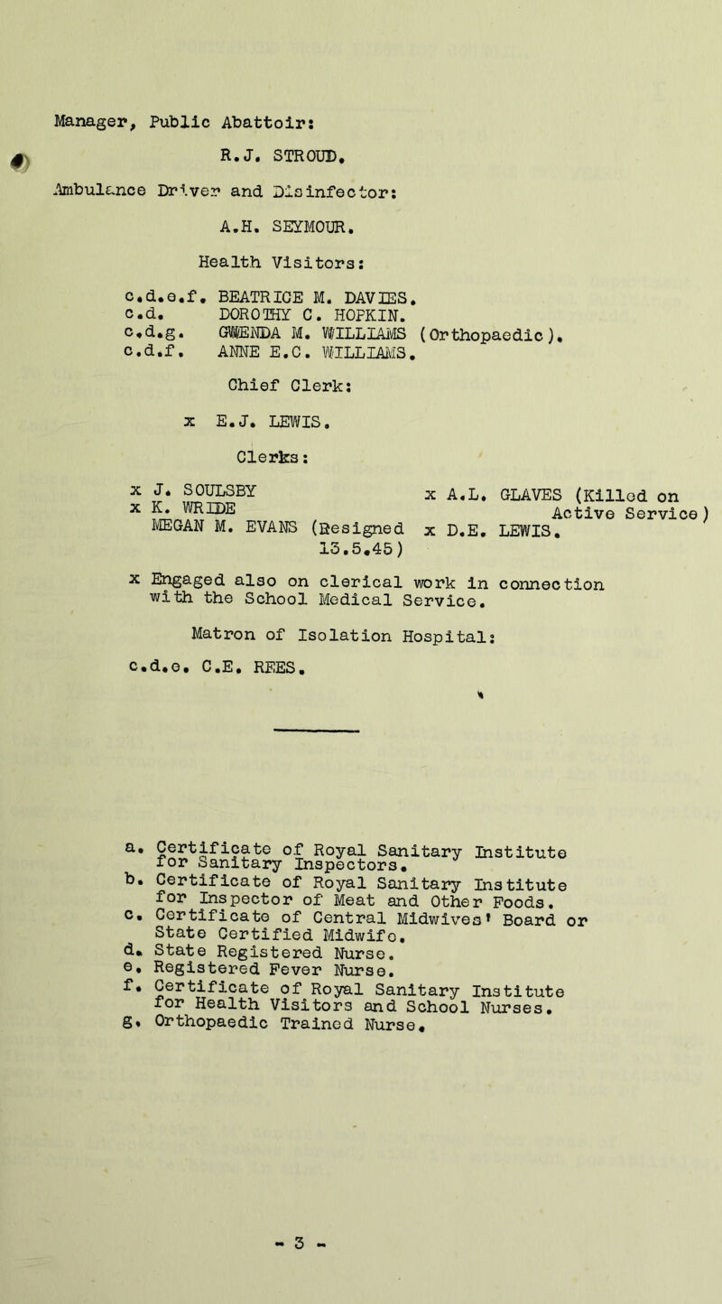 Manager, Public Abattoir: R.J. STROUD* Ambulance Driver and Disinfector: A.H. SEYMOUR. Health Visitors: c.d.e.f. BEATRICE M. DAVIES, c.d. DOROTHY C. HOPKIN. c.d.g. GWENDA M. W/ILLIAMS (Orthopaedic), c.d.f. AME E.C. WILLIAMS. Chief Clerk: x E.J. LEWIS. Clerks: x J. SOULSBY x K. WRLDE MEGAN M. EVANS (Resigned 13,5*45) x A.L, GLAVES (Killed on Active Service) x D.E, LEWIS. x Engaged also on clerical work in connection with the School Medical Service. Matron of Isolation Hospital: c.d.e. C.E. REES. * a. b. c. d. e. f. g. °C RoYal Sanitary Institute for Sanitary Inspectors. Certificate of Royal Sanitary Institute for Inspector of Meat and Other Poods. Certificate of Central Midwives* Board State Certified Midwife. State Registered Nurse. Registered Fever Nurse. or Certificate of Royal Sanitary Institute for Health Visitors and School Nurses. Orthopaedic Trained Nurse. •» 3 •»
