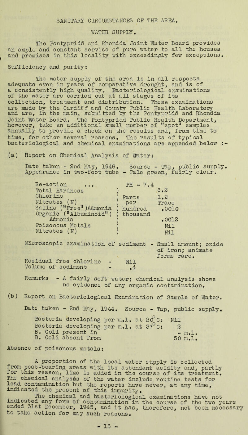 SANITARY CIRCUMSTANCES OF THE AREA. WATER SUPPLY. The Pontypridd and Rhondda Joint Water Board provides an ample and constant service of pure water to all the housos and promises in this locality with exceedingly few exceptions. Sufficiency and purity; The water supply of the area is in all respects adequato even in years of comparative drought, and is of a consistently high quality. Bacteriological examinations of the water are carried out at all stages of its collection, treatment and distribution. These examinations are made by the Cardiff and County Public Health Laboratory and are, in the main, submitted by the Pontypridd and Rhondda Joint Water Board, The Pontypridd Public Health Department, however, take an additional small number of ”spot” samples annually to provide a check on the results and, from time to time, for other several reasons. The results of typical bacteriological and chemical examinations are appended below :~ (a) Report on Chemical Analysis of Waters Date taken - 2nd. May, 1946. Source - Tap, public supply. Appearance in two-foot tube - Palo green, fairly clear. Re-action ... PH - 7.4 Total Hardness ) 3,2 Chlorine ) Parts 1.2 Nitrates (N) ) per Trace Saline (”Freen )Ammonia ) hundred ,0010 Organic (nAlbuminoid”) ) thousand Ajtmonla ) . 0012 Poisonous Metals ) Nil Nitrates (N) ) jjil Microscopic examination of sediment - Small amount; oxide of iron; animate forms rare. Residual free chlorine - Nil Volume of sediment - ,4 Remarks - A fairly soft water; chemical analysis shows no evidence of any organic contamination. (b) Report on Bacteriological Examination of Sample of Water. Date taken - 2nd May, 1944. Source - Tap, public supply. Bacteria developing per m,l, at 20°C; Bacteria developing per m.l, at 37°C; B. Coli present in B. Coli absent from Nil 2 - m.l. 50 m.l. Absence of poisonous metals; A proportion of the local water supply is collected frosn peat-bearing areas with its attendant acidity and, partly for this reason, lime is added in the course of its treatment. The chemical analyses of the water include routine tests for load contamination but the reports have never, at any time, indicated the present of this impurity, . chemical and bacteriological examinations have not indicated any form of contamination in the course of the two years ended 31st December, 1945, and it has, therefore, not been necessary to take action for any such reasons. 15