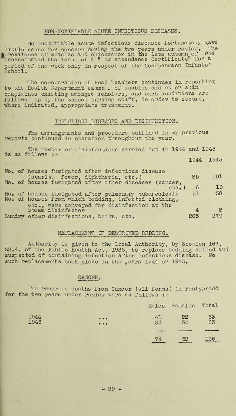 NON-NOTIFIABLE ACUTE INFECTIOUS DISEASES. Non-no tifiable acute Infectious diseases fortunately gave little cause for concern during the two years under review. The •prevalence of measles and chickenpox in the late autumn of 1944 necessitated the issue of a ”Low Attendance Certificate” for a period of one week only in respect of the Coedperrmaen Infants' School, The co-operation of Head Teachers continues in reporting to the Health Department cas.es ... of scabies and other skin complaints existing amongst scholars, and such conditions are followed up by the School Nursing staff, in order to secure, where indicated, appropriate treatment. INFSGTIOHS DISE ASES AND DISINFECTION. The arrangements and procedure outlined in my previous reports continued in operation throughout the year. The number of disinfections carried out in 1944 and 1945 is as follows i - No, of houses fumigated after infectious disease (scarlet, fever, diphtheria, etc.) No, of houses fumigated after other diseases (cancer, etc. No, of houses fumigated after pulmonary tuberculosis No, of houses from which bedding, infected clothing, etc., were conveyed for disinfection at the steam disinfector Sundry other disinfections, books, etc. 1944 1945 85 101 6 10 51 58 4 8 265 279 REPLACEMENT OF DESTROYED BEDDING, Author!ty is given to the Local Authority, by Section 167, SS.4. of the Public Health Act, 1936, to replace bedding soiled and suspected of containing infection after infectious disease. No such replacements took place in the years 1944 or 1945. CANCER. The recorded deaths from Cancer (all forms) in Pontypridd for the two years under review were as follows s- Male s Femal e s Total 1944 0 4 1 41 22 63 1945 0 0 0 33 30 63 74 52 126 29 -