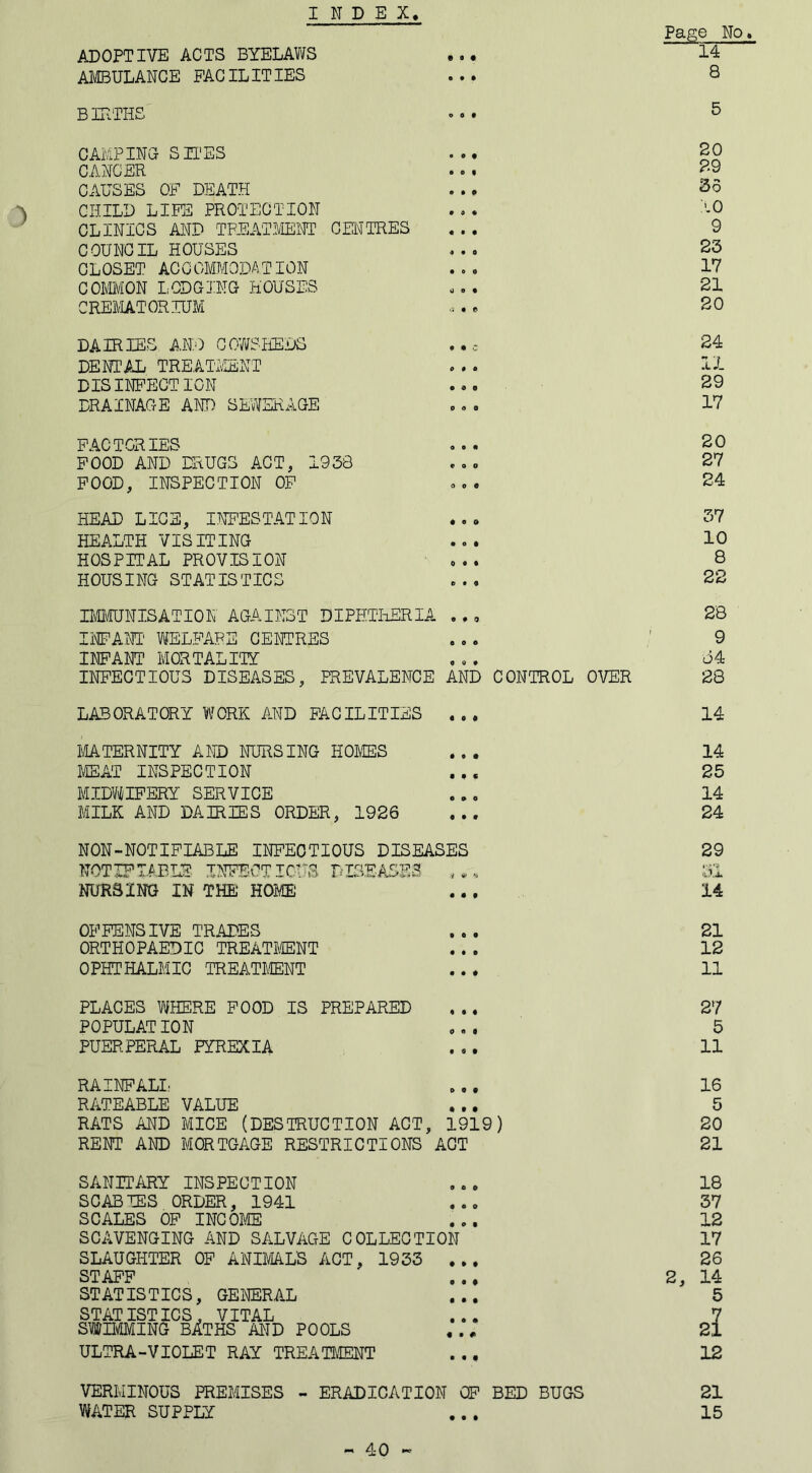 INDEX ) ‘ Page No. ADOPTIVE ACTS BYELAWS ... 14 AMBULANCE FACILITIES ... 8 BIRTHS «... 5 CAMPING SITES CANCER CAUSES OF DEATH CHILD LIFE PROTECTION CLINICS AND TREATMENT CENTRES COUNCIL HOUSES CLOSET ACCOMMODATION COMMON LODGING HOUSES CREMATORIUM 20 29 So 10 9 23 IV 21 20 DAIRIES AMO COWSHEDS ,24 DENTAL TREATMENT ... II DISINFECTION ... 29 DRAINAGE AND SEWERAGE ... 17 FACTORIES ... 20 FOOD AND DRUGS ACT, 1933 ... 27 FOOD, INSPECTION OF ... 24 HEAD LICE, INFESTATION ... 37 HEALTH VISITING ... 10 HOSPITAL PROVISION ... 8 HOUSING STATISTICS ... 22 IMMUNISATION AGAINST DIPHTHERIA ... 28 INFANT WELFARE CENTRES ... / 9 INFANT MORTALITY ... 84 INFECTIOUS DISEASES, PREVALENCE AND CONTROL OVER 28 LABORATORY WORK AND FACILITIES ... 14 MATERNITY AND NURSING HOMES ... 14 MEAT INSPECTION ... 25 MIDWIFERY SERVICE ... 14 MILK AND DAIRIES ORDER, 1926 ... 24 NON-NOTIFIABLE INFECTIOUS DISEASES 29 NOTIFIABLE INFECTIOUS DISEASES 8.1 NURSING IN THE HOME ... 14 OFFENSIVE TRADES ORTHOPAEDIC TREATMENT OPHTHALMIC TREATMENT 21 12 11 PLACES WHERE FOOD IS PREPARED POPULATION PUERPERAL PYREXIA 27 5 11 RAINFALL ... 16 RATEABLE VALUE ... 5 RATS AND MICE (DESTRUCTION ACT, 1919) 20 RENT AND MORTGAGE RESTRICTIONS ACT 21 SANITARY INSPECTION SCAB TES ORDER, 1941 SCALES OF INCOME SCAVENGING AND SALVAGE COLLECTION SLAUGHTER OF ANIMALS ACT, 1933 ... STAFF . .. STATISTICS, GENERAL STATISTICS, VITAL SWIMMING BATHS AND POOLS 18 37 12 17 26 2, 14 5 d ULTRA-VIOLET RAY TREATMENT 12 VERMINOUS PREMISES - ERADICATION OF BED BUGS 21 WATER SUPPLY ... 15 40