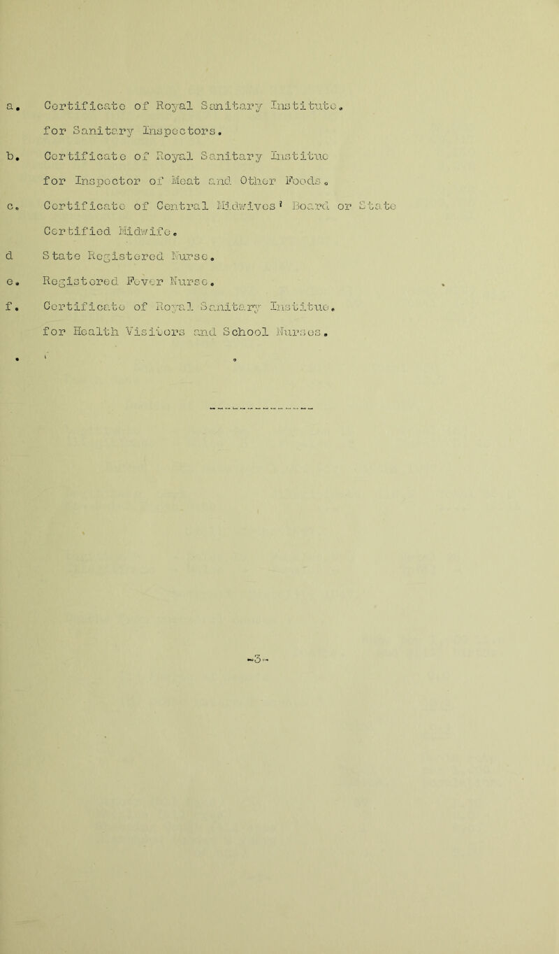 a. Certificate of Royal Sanitary Institute, for Sanitary Inspectors. b. Certificate of Royal Sanitary Instituc for Inspector of Meat and Other Foods. c0 Certificate of Central Hidwives1 Board or State Certified MIdwIfe . d State Registered Nurse. e. Registered Fever Nurse. f. Certificate of Royal Sanitary Ins tit me. for Health Visitors and School Nurses.